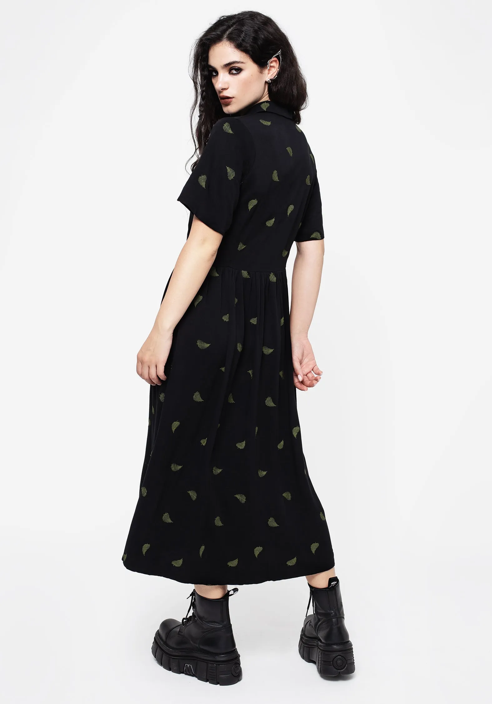 Evening Event Flattering Cut Osmunda Fern Embroidered Midi Shirt Dress