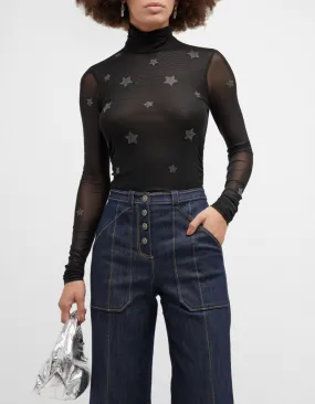 Winter-Ready Fashion Women Star Shirred Mesh Turtleneck Top In Black