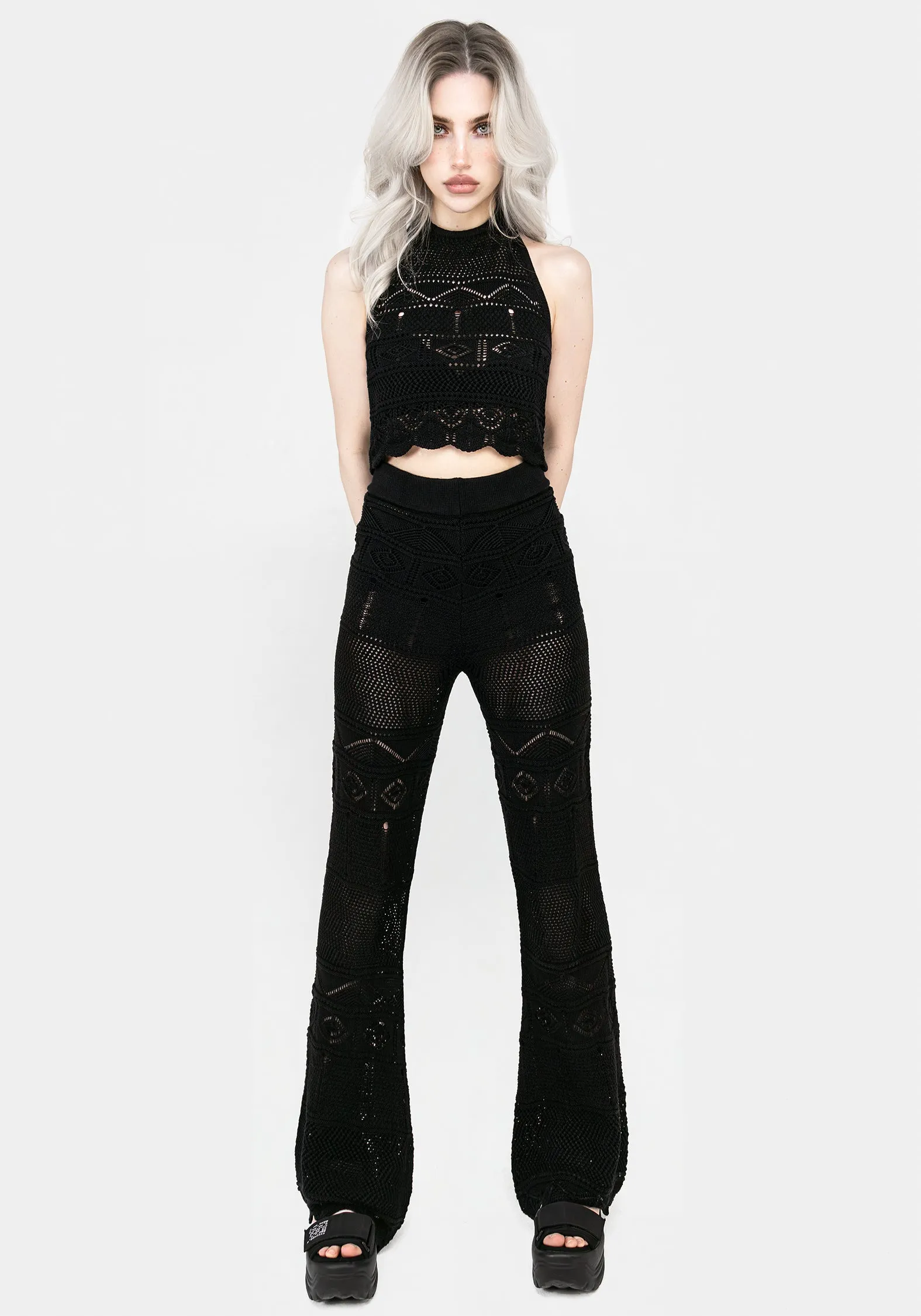 Wide Leg Hooked Pointelle Flare Trousers