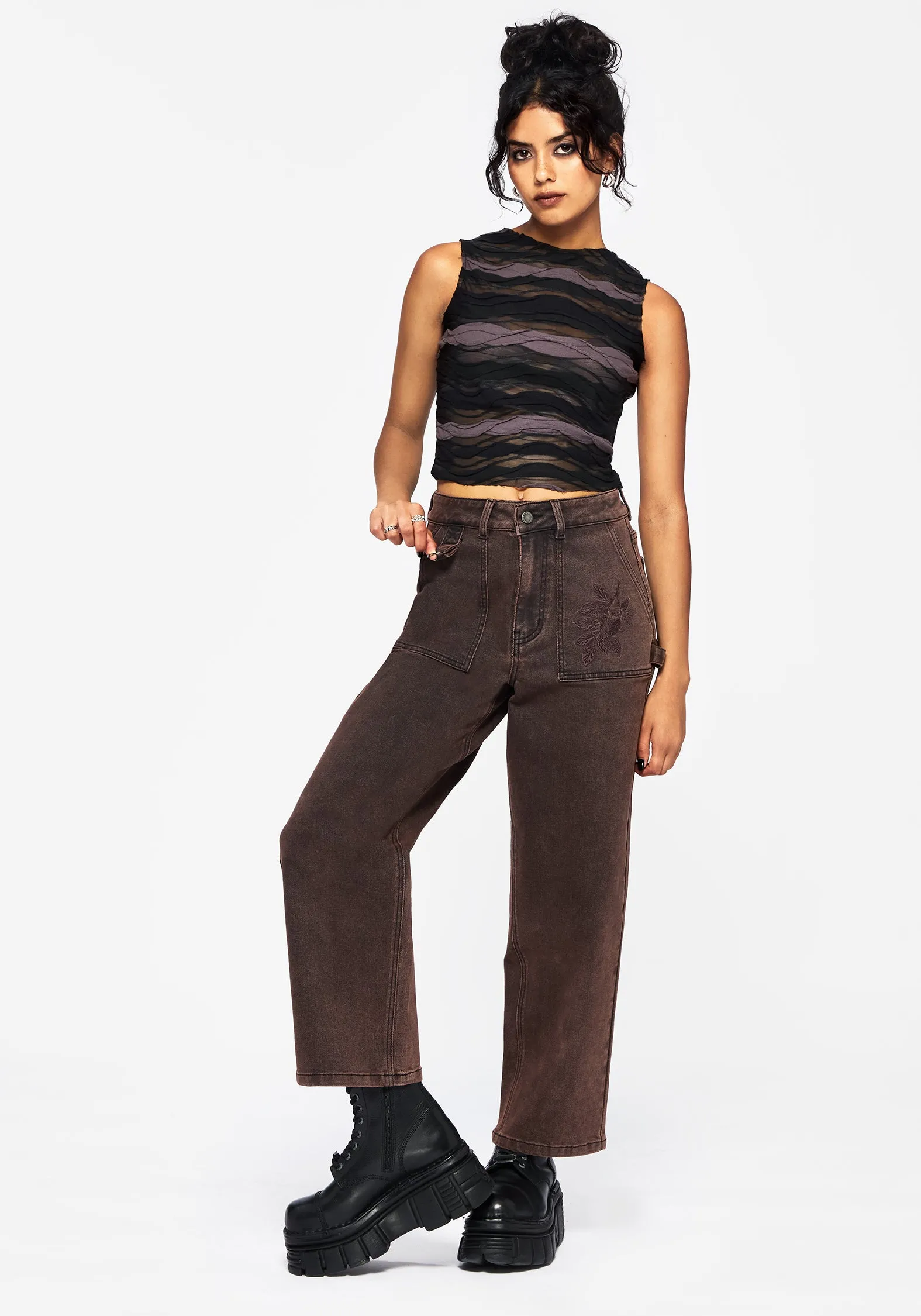 Echo Autumnal Leaf Embroidered Pocket Detail Cropped Jeans AntiPillingFabric