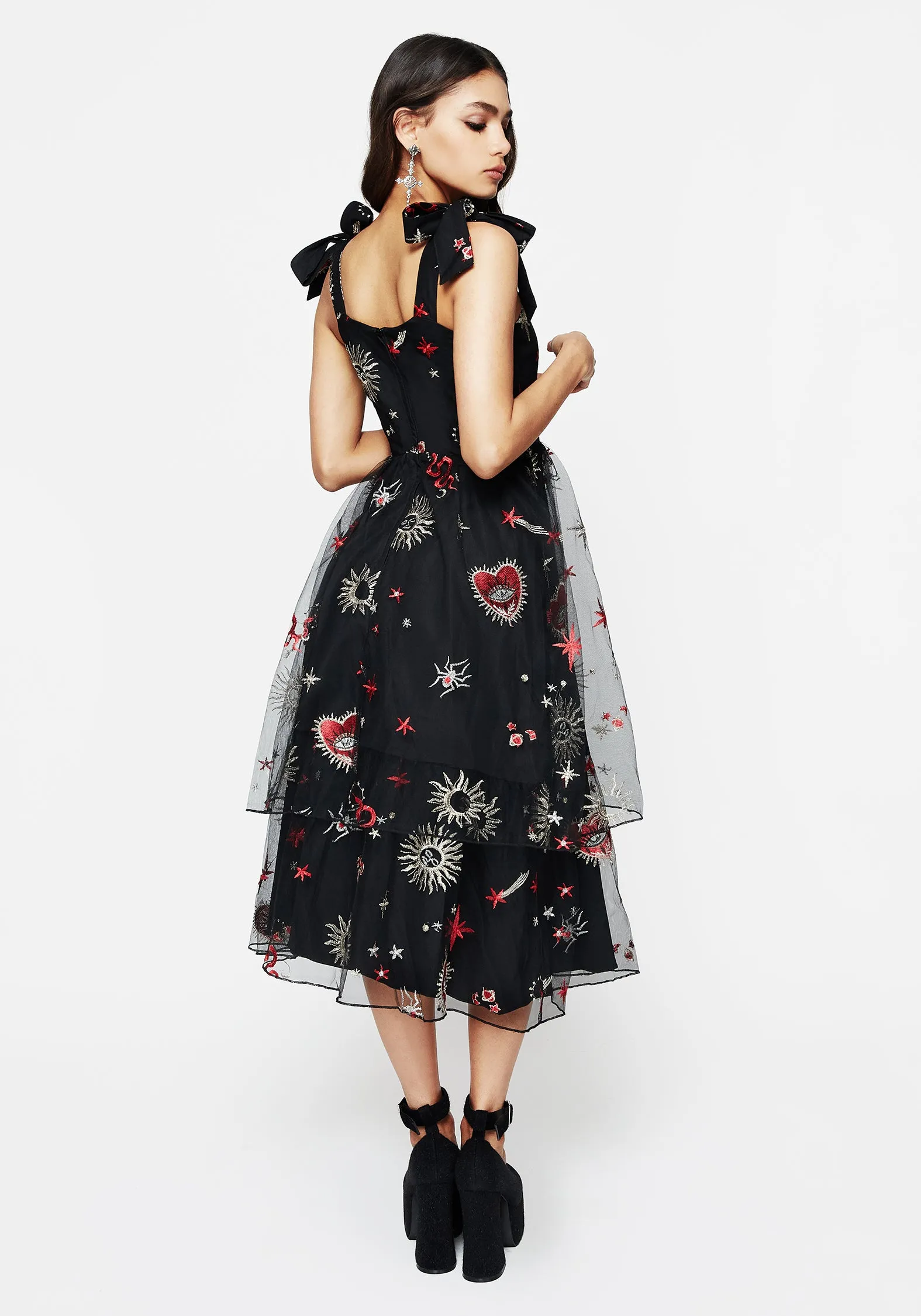 Bloodlust Embroidered Corset Midi Dress Contemporary Fit Flare Hem