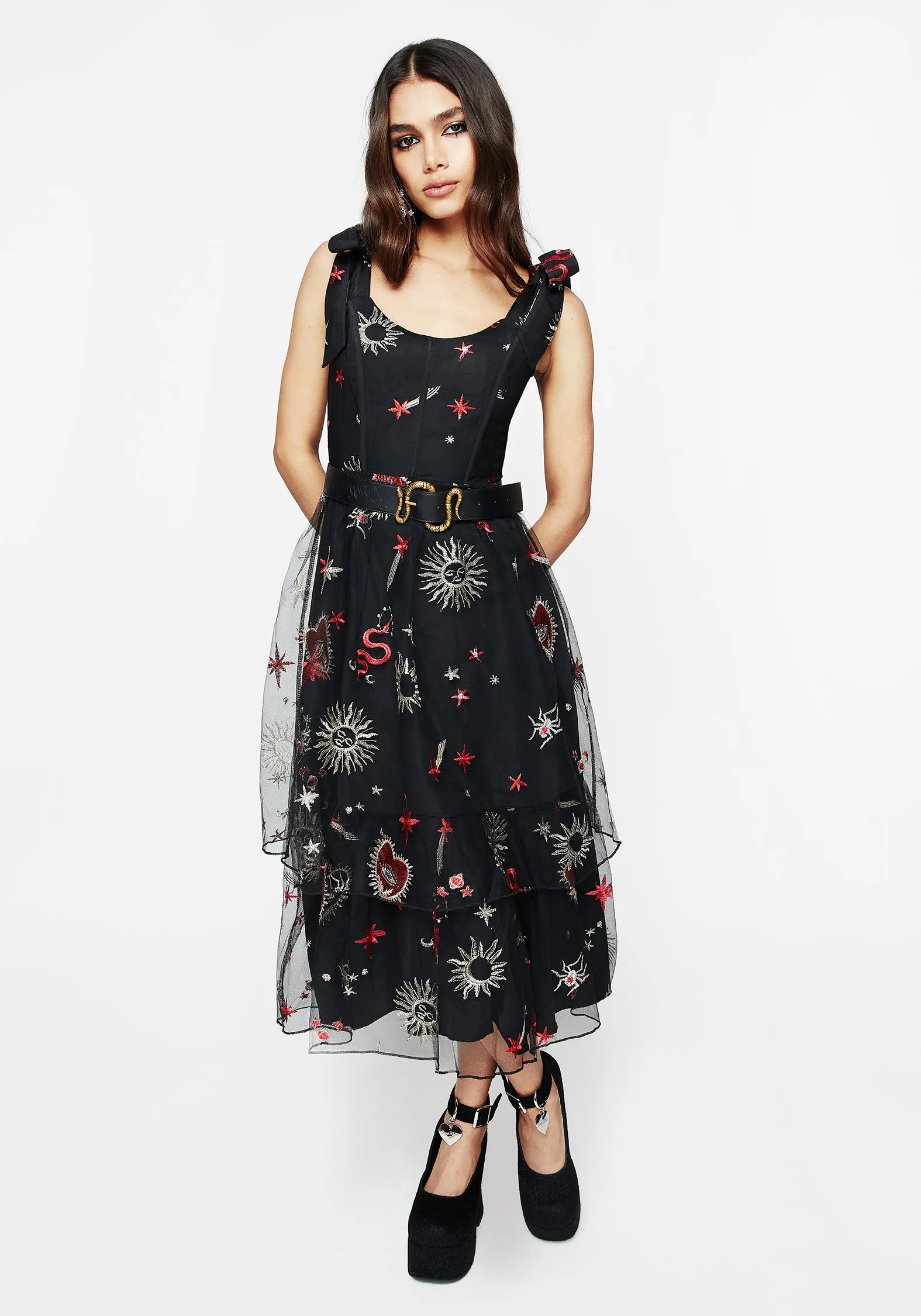 Ruffle Detail Metallic Finish Bloodlust Embroidered Corset Midi Dress