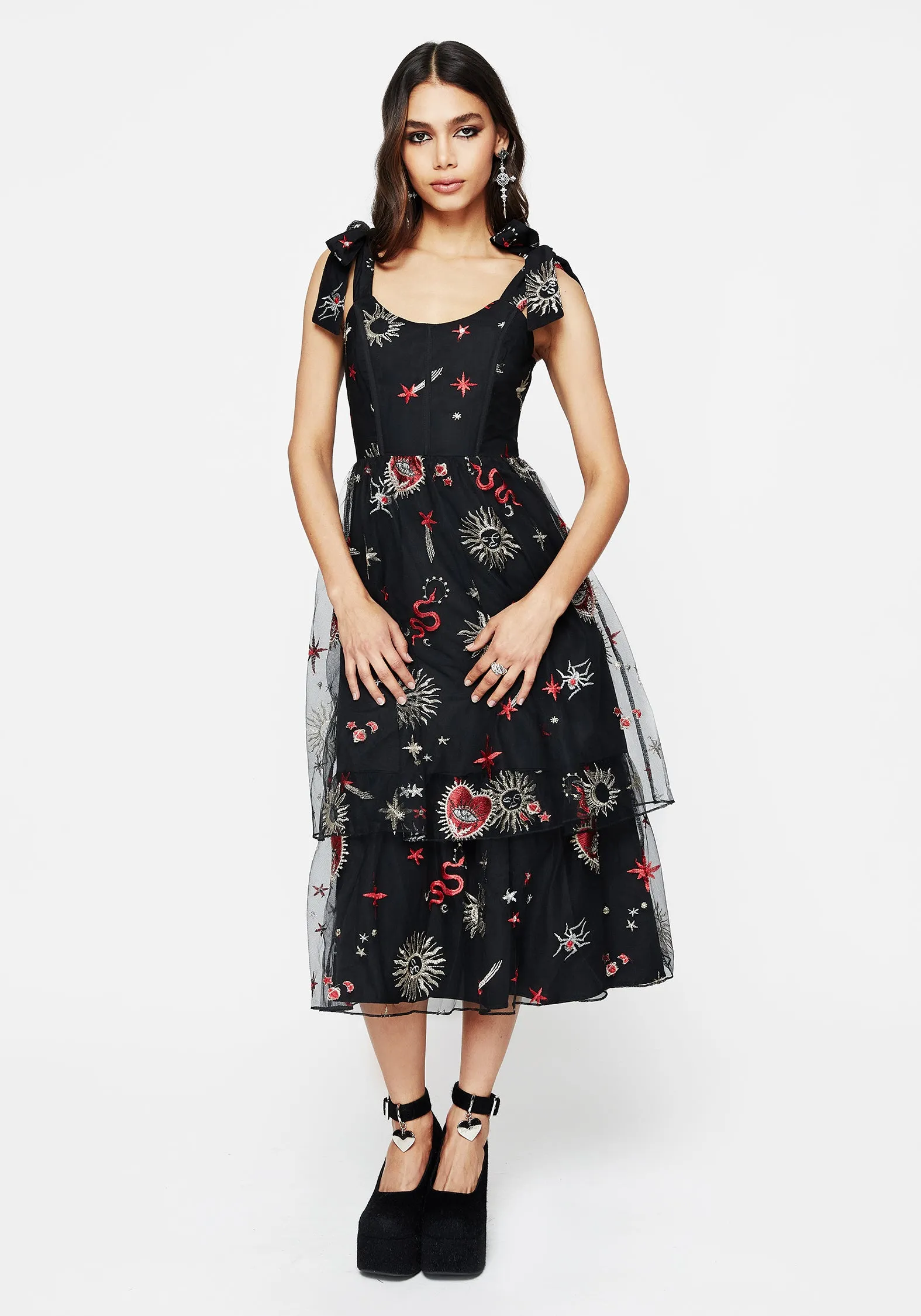 Bloodlust Embroidered Corset Midi Dress Body Flow Gloss Accent