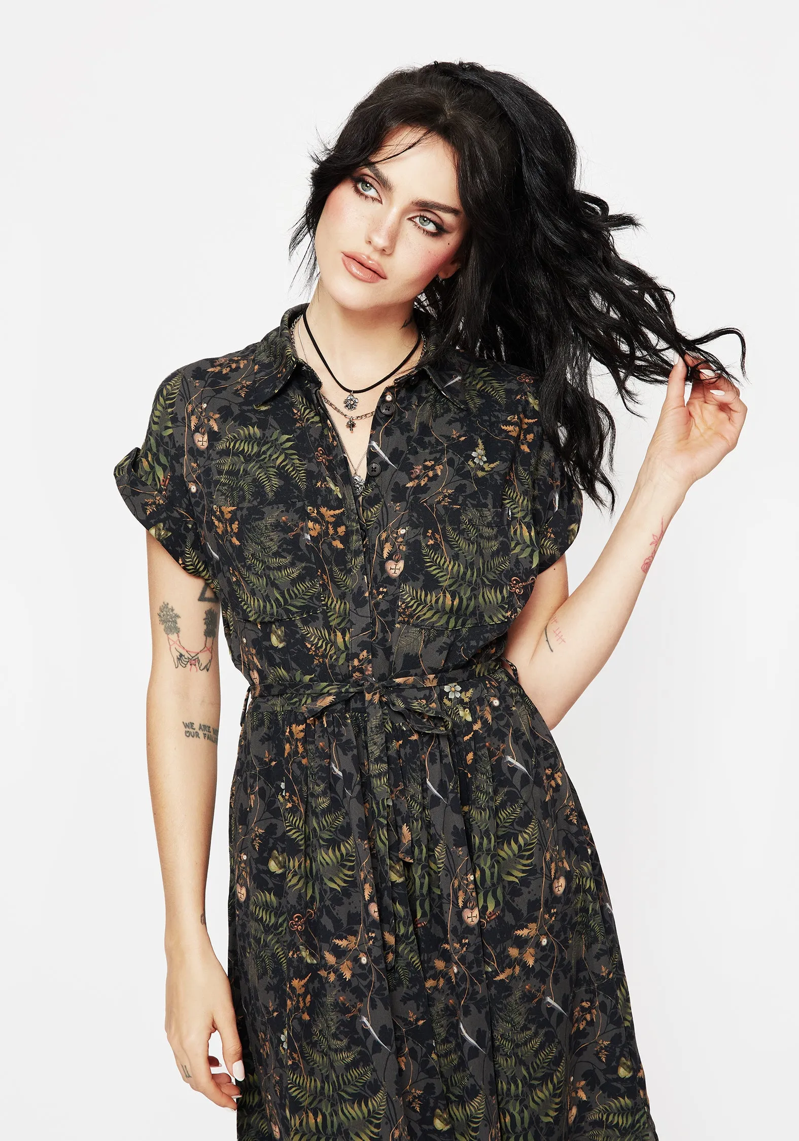 Compact Fit Wither Fern Print Midi Shirt Dress