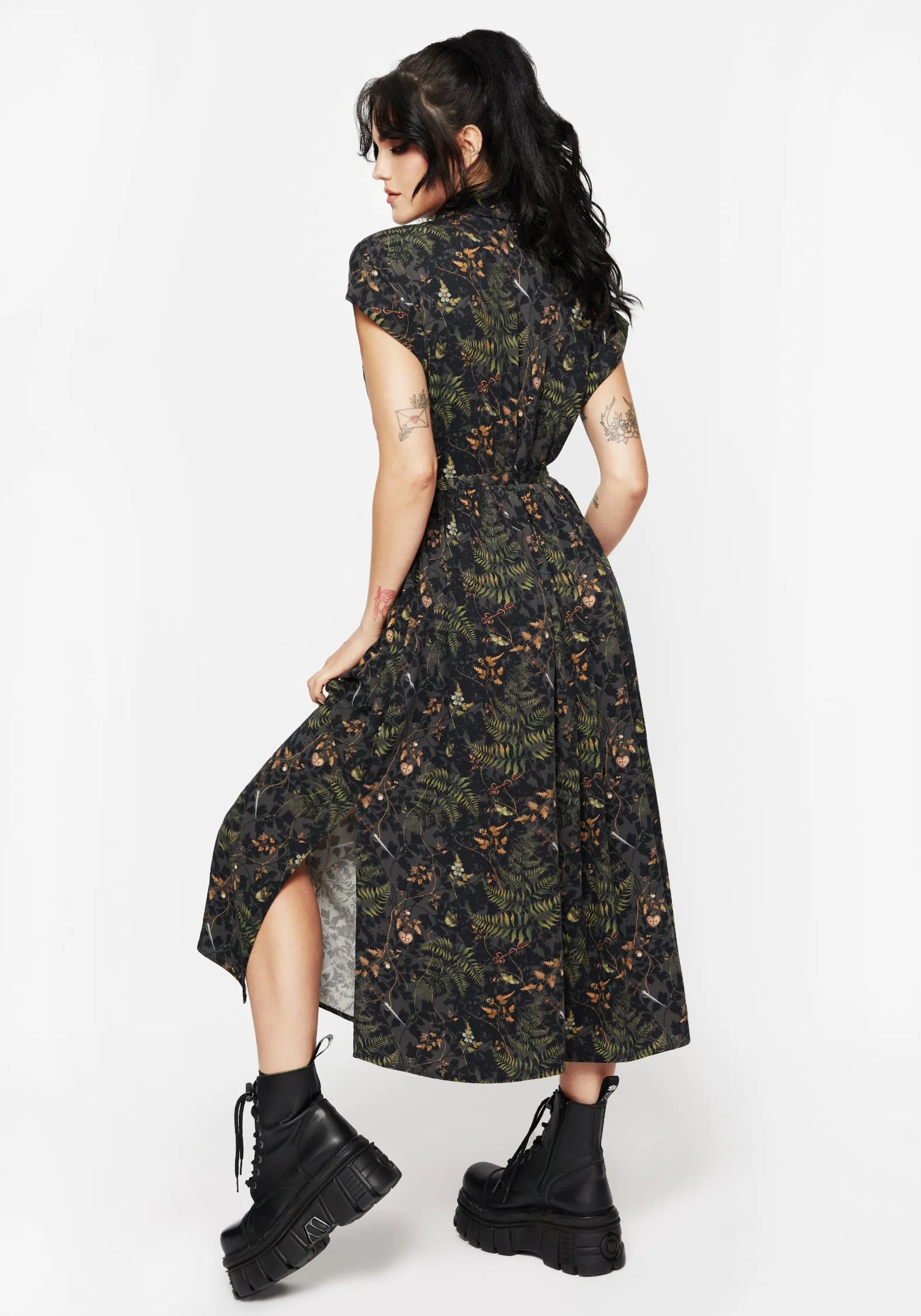 Night Mood Wither Fern Print Midi Shirt Dress