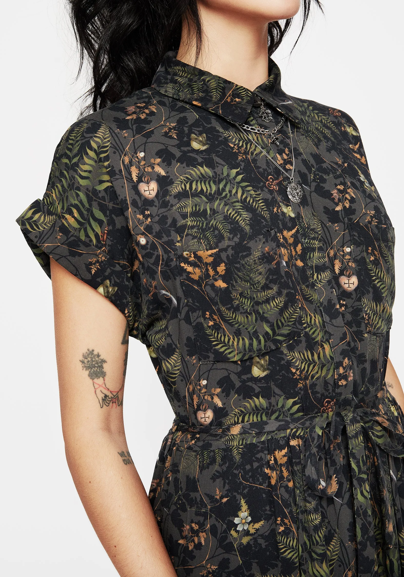 Cozy Layer Fresh Tones Wither Fern Print Midi Shirt Dress