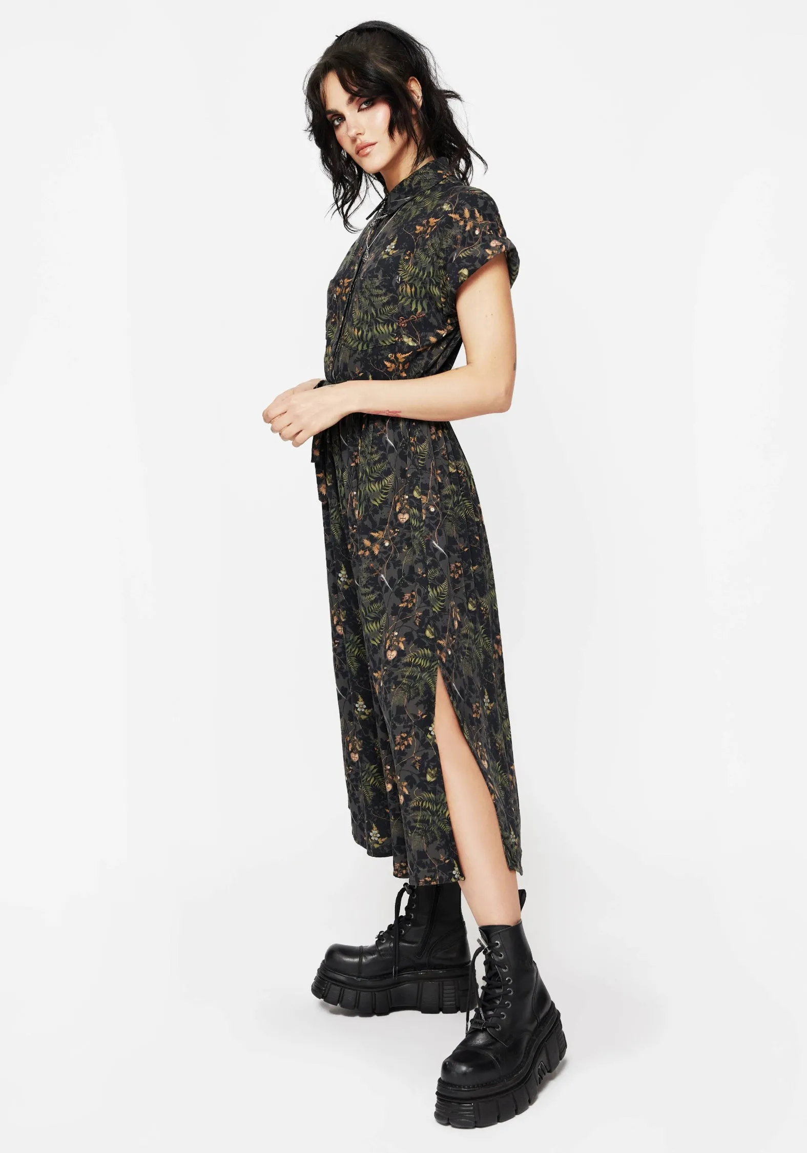 Stylish and Comfortable Luxe Wear Wither Fern Print Midi Shirt Dress