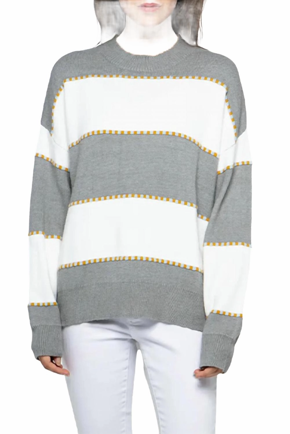 Two-Tone Striped Crewneck Sweater In Heather Grey Zero Waste Production Cold-Weather Fashion