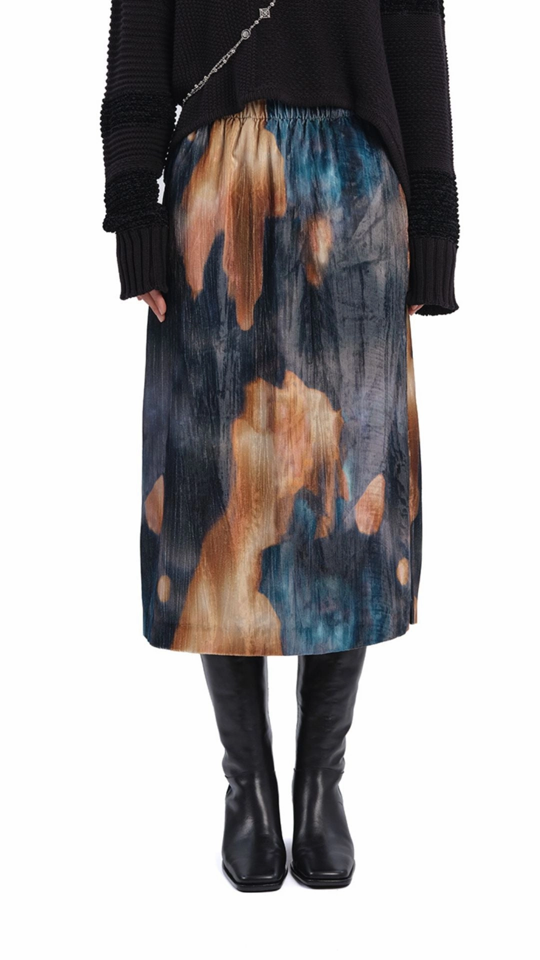 Convertible Length Friction Free Watercolour Graphic Velour Printed Skirt