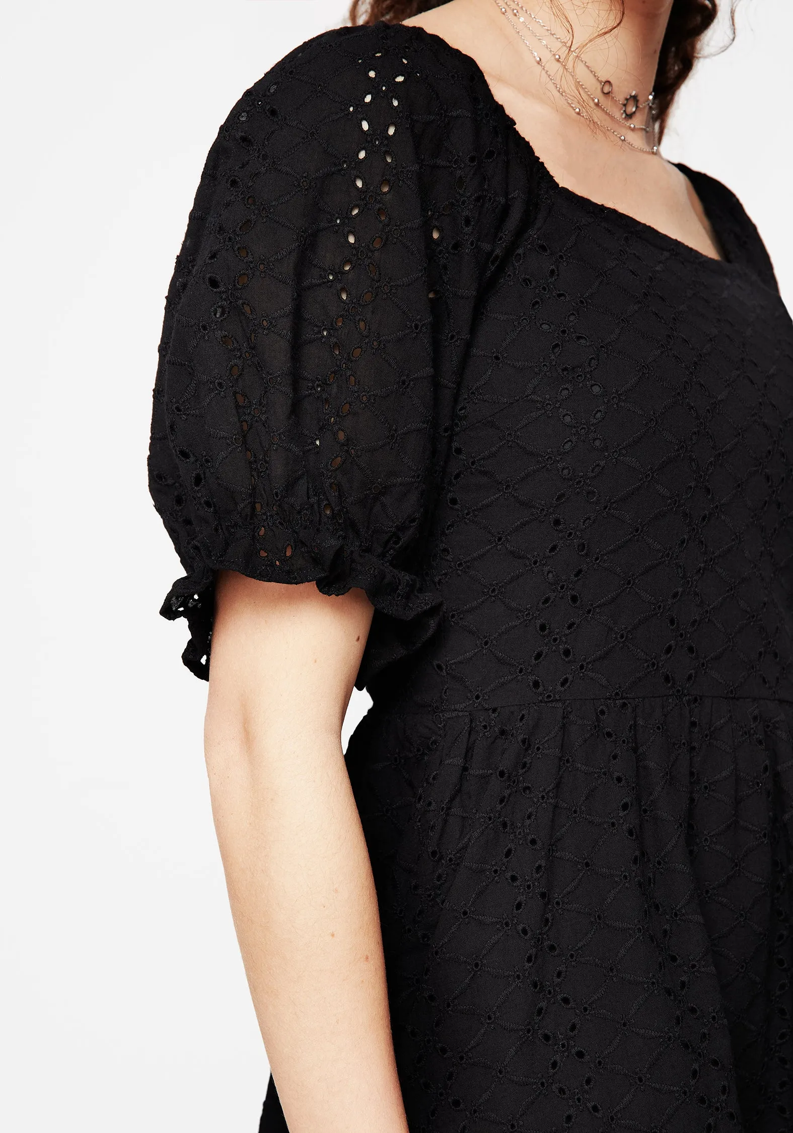 Euthymia Broderie Puff Sleeve Mini Dress Beaded-Edge Relaxed Finish