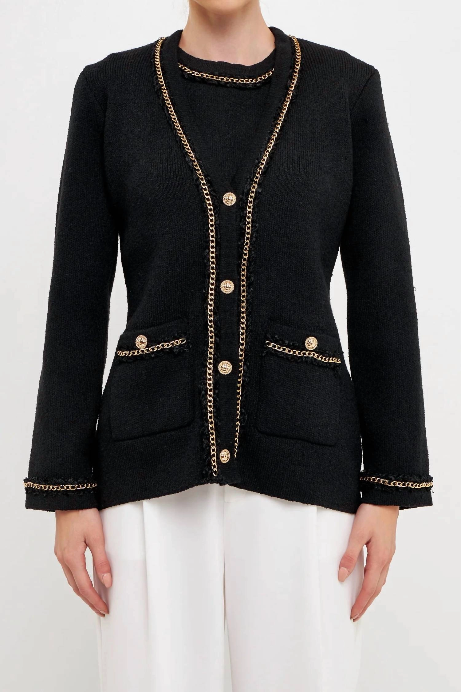 Cozy Appeal Winter Ready Wear Fifa Chain Trim Cardigan In Black