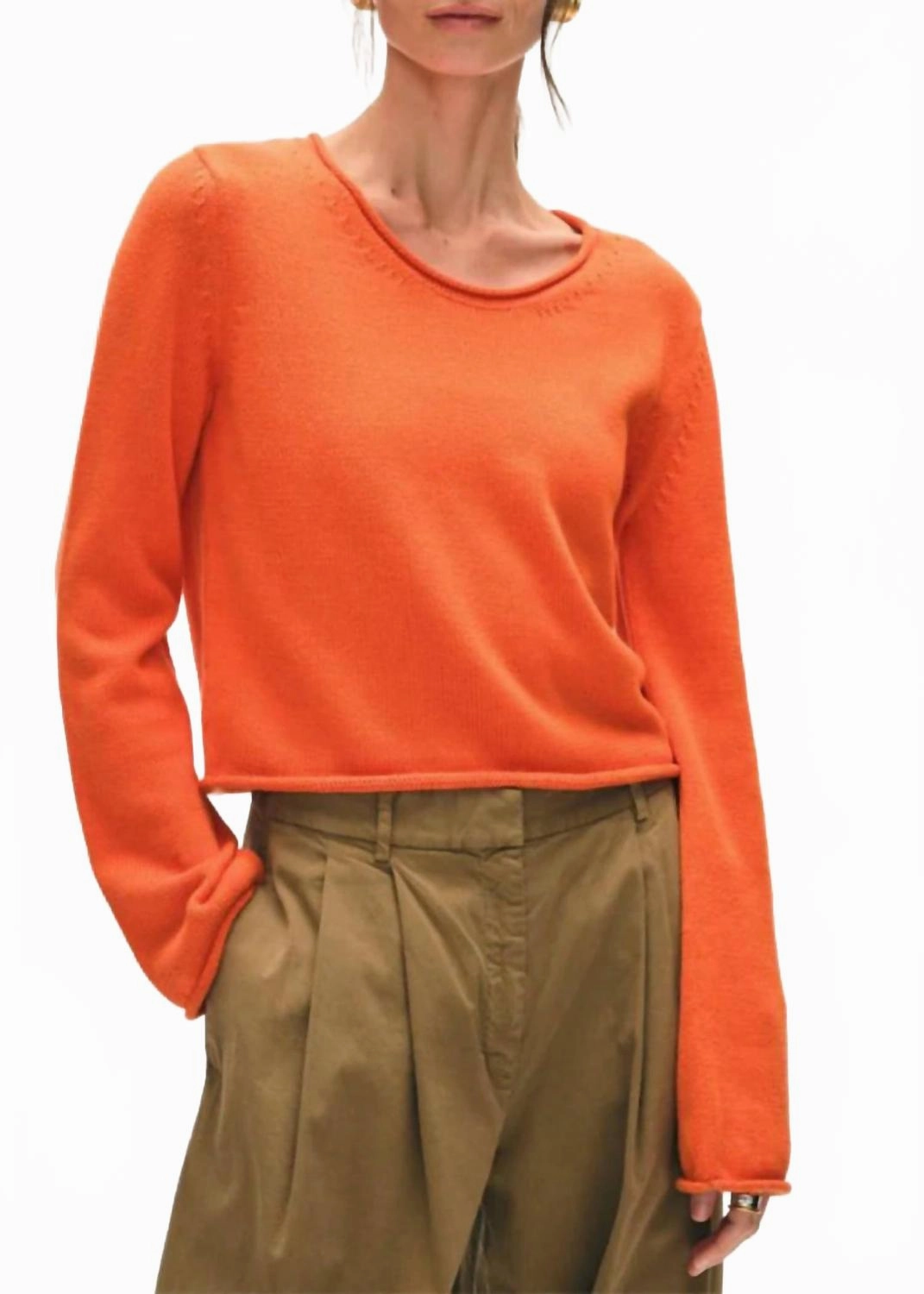Cold-weather knit Cotton Roll Trim Sweater In Orange Blaze