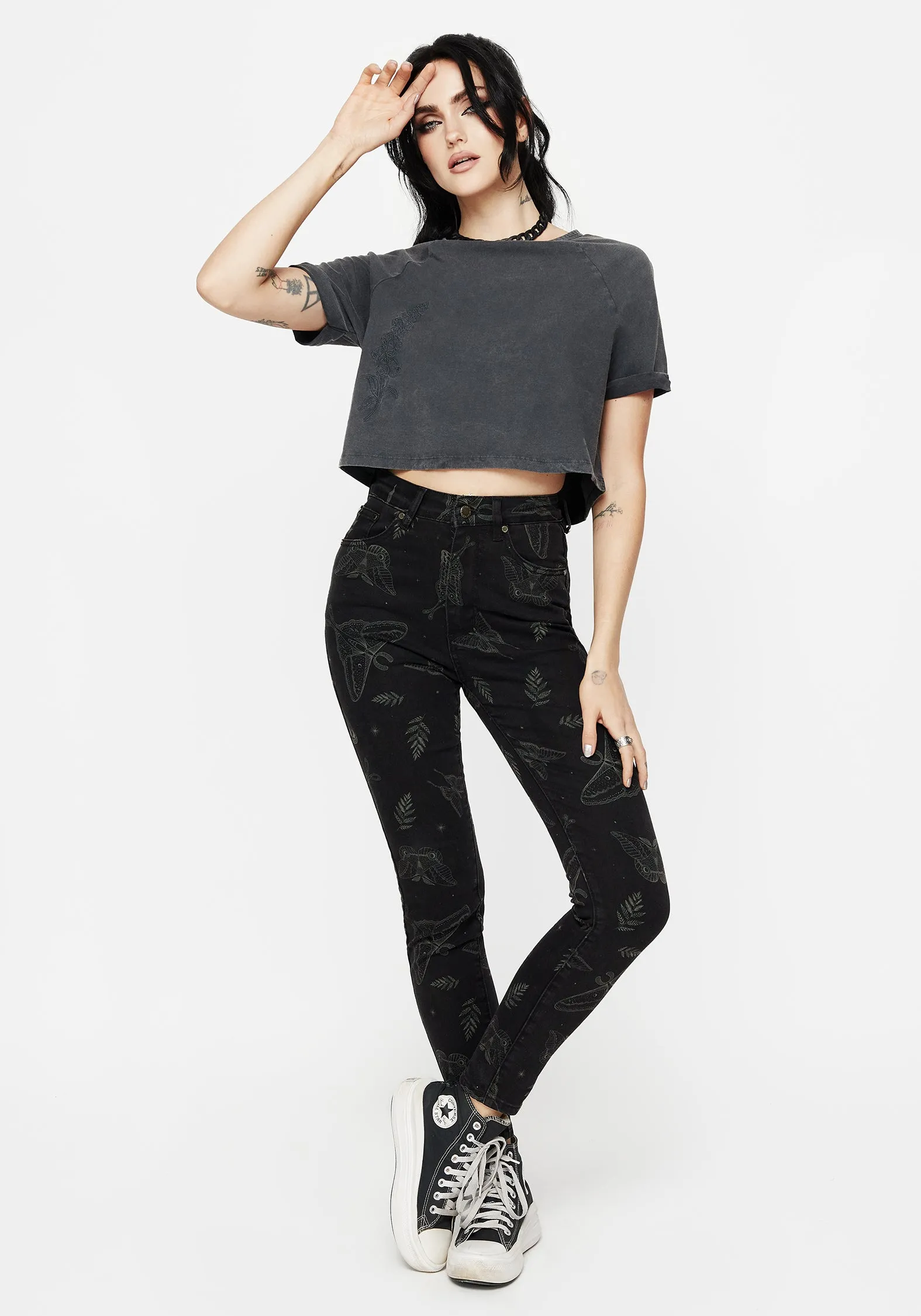 Smooth Fit Lining Fitted Design Callopistria Moth Print Denim Skinny Jeans