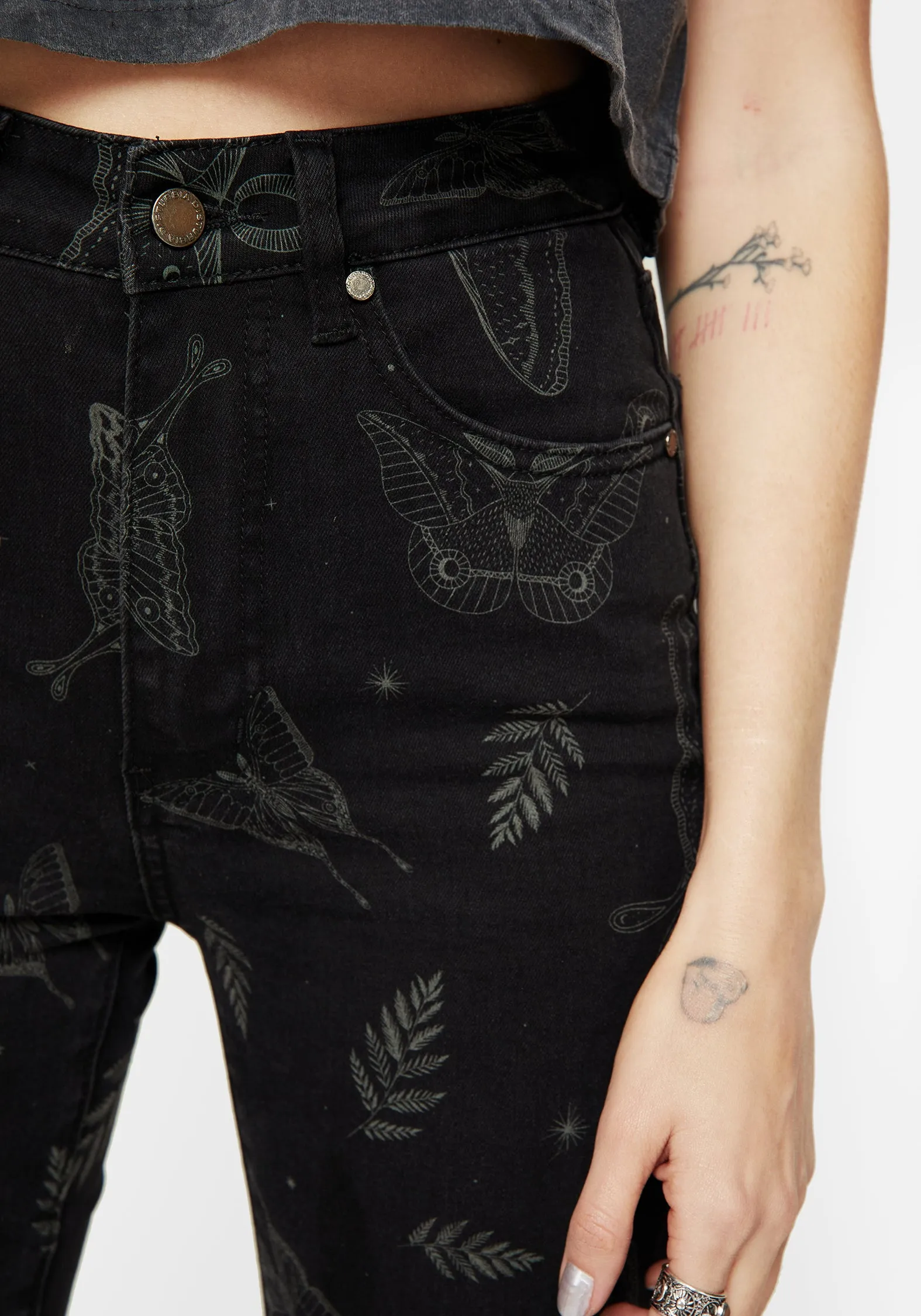 Callopistria Moth Print Denim Skinny Jeans Corduroy texture
