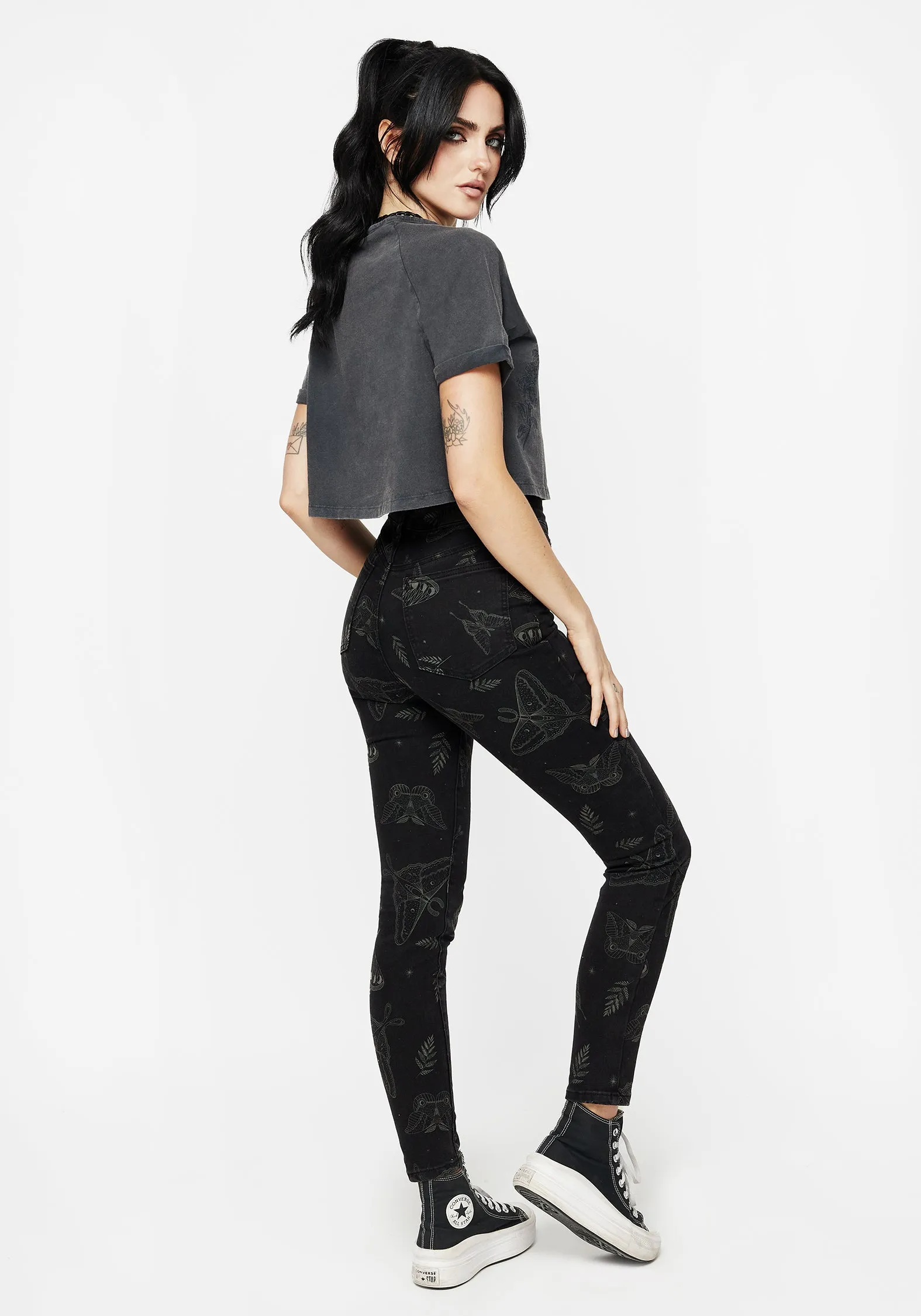 Callopistria Moth Print Denim Skinny Jeans Crisp Design High Stretch Fit