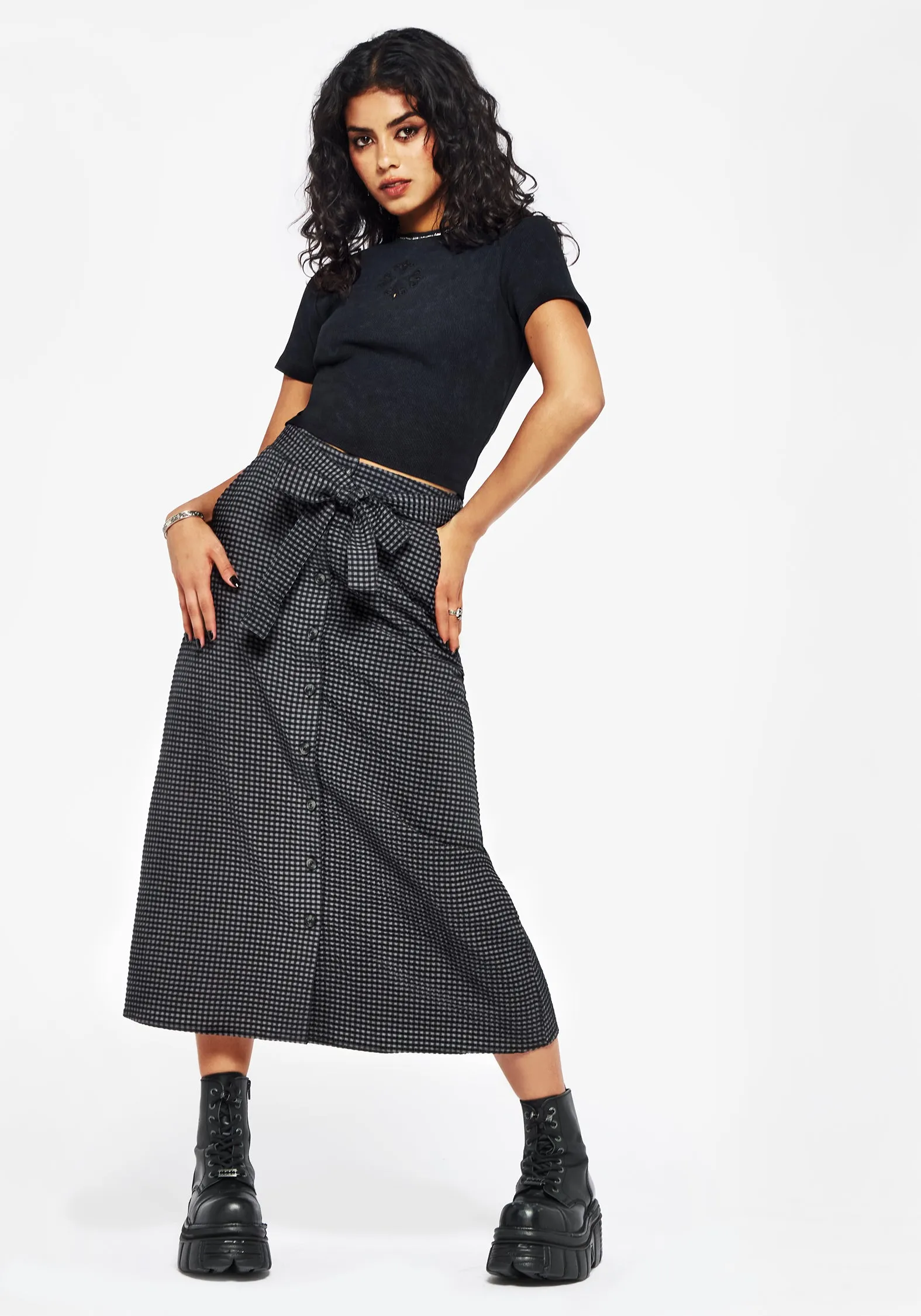 Faythe Cotton Check Button Up Midi Skirt Pleated design