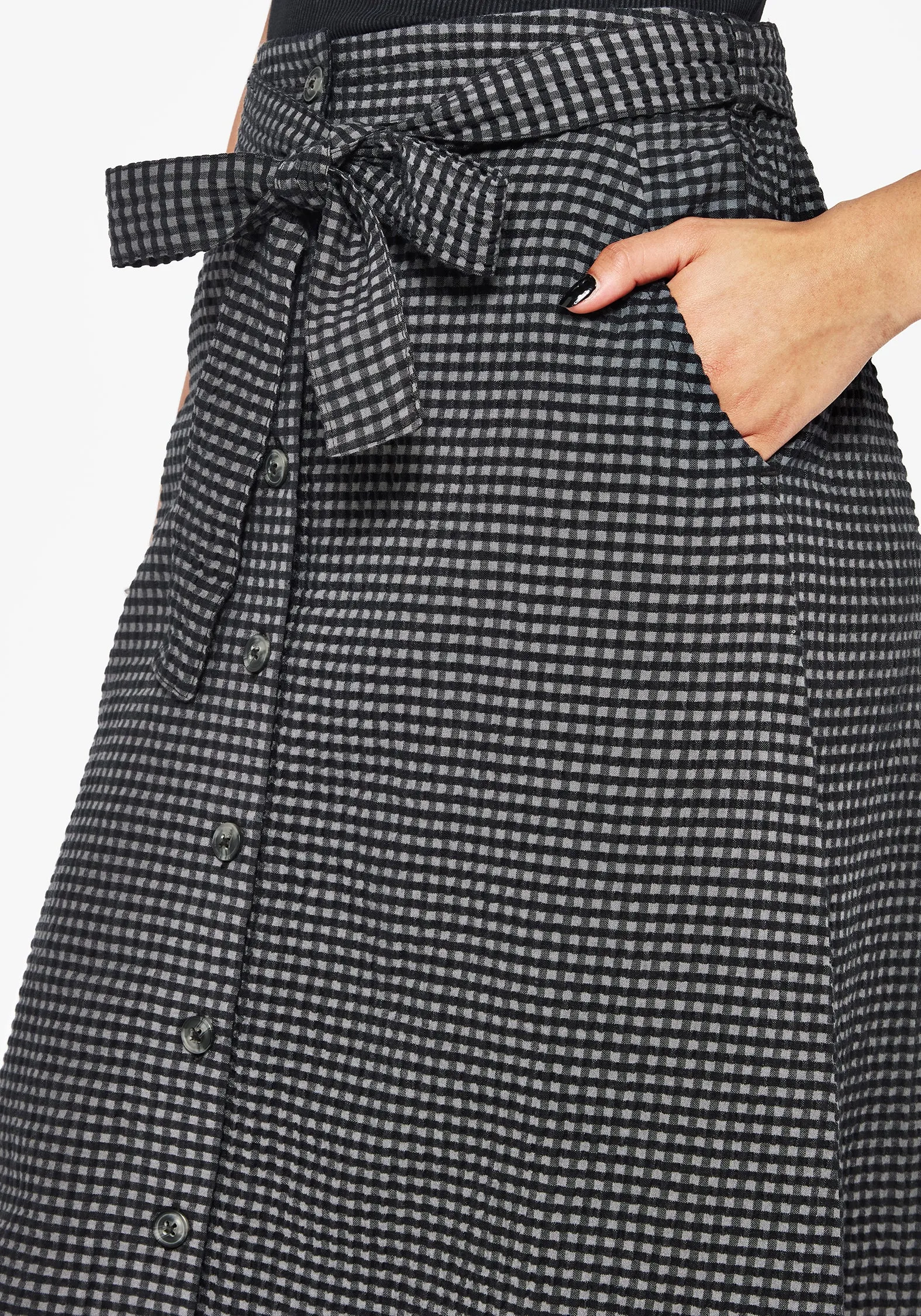 Knee Length Breezy Fit Faythe Cotton Check Button Up Midi Skirt