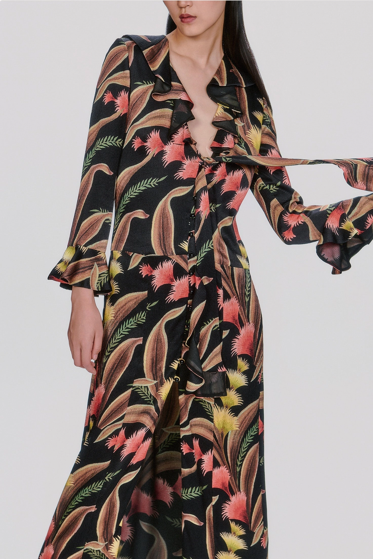 Happy Glow Feather Fern Crinkle Rayon Ruffle Tie Dress