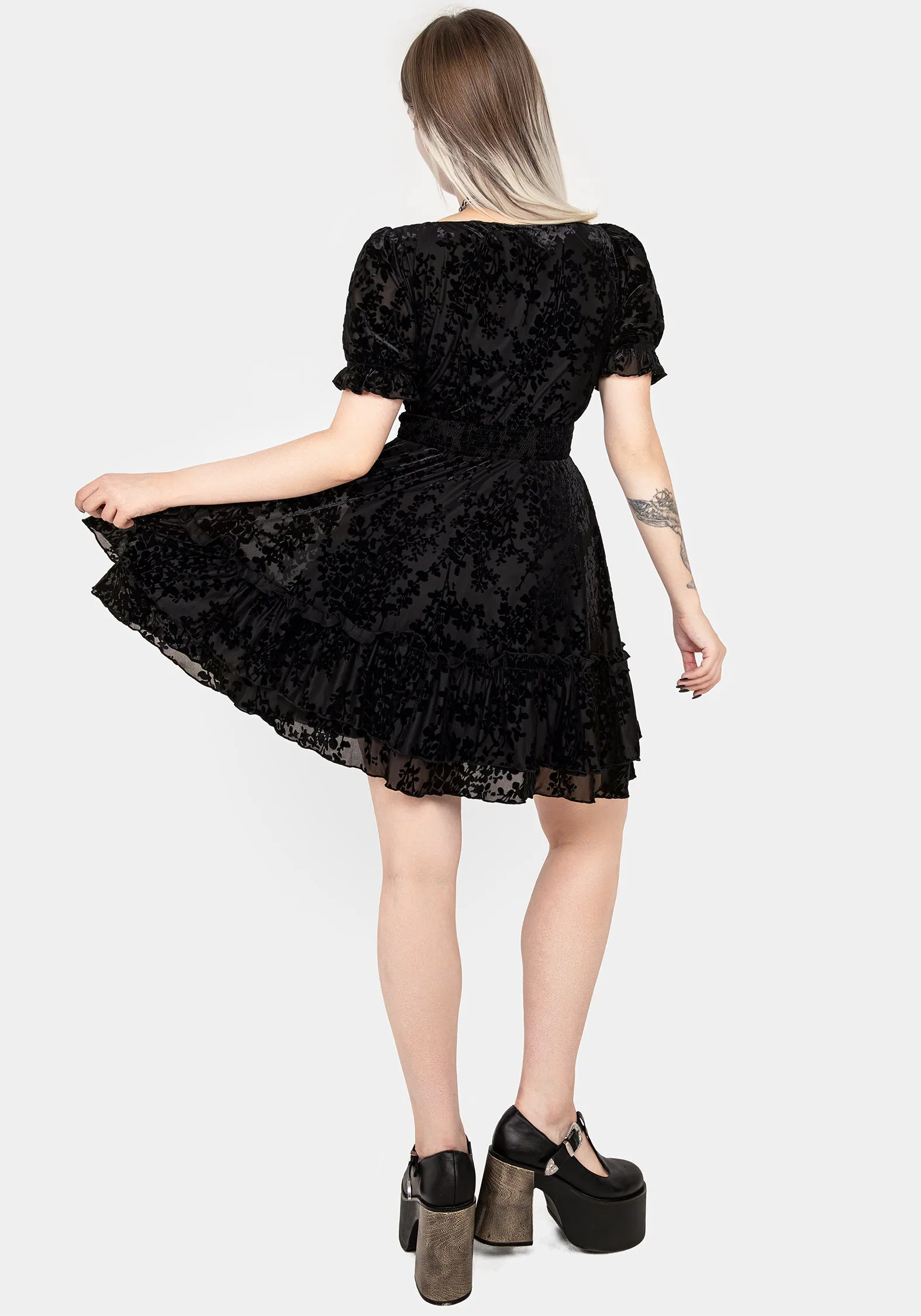 Edge Shape Timeless Comfort Lilias Devor?? Velour Mesh Tiered Mini Dress