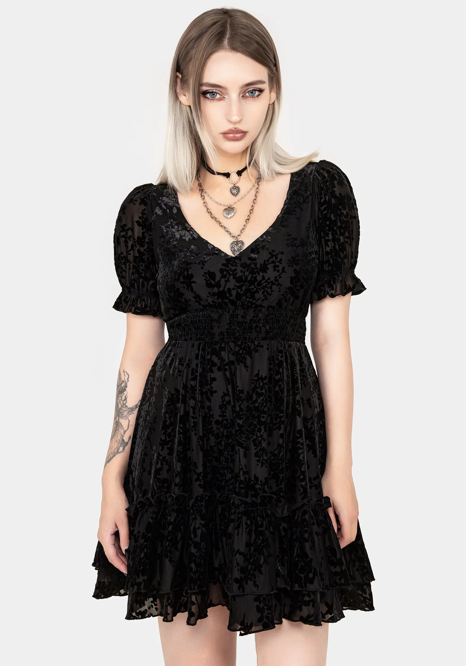 Neutral Finish Comfortable Design Wear Lilias Devor?? Velour Mesh Tiered Mini Dress