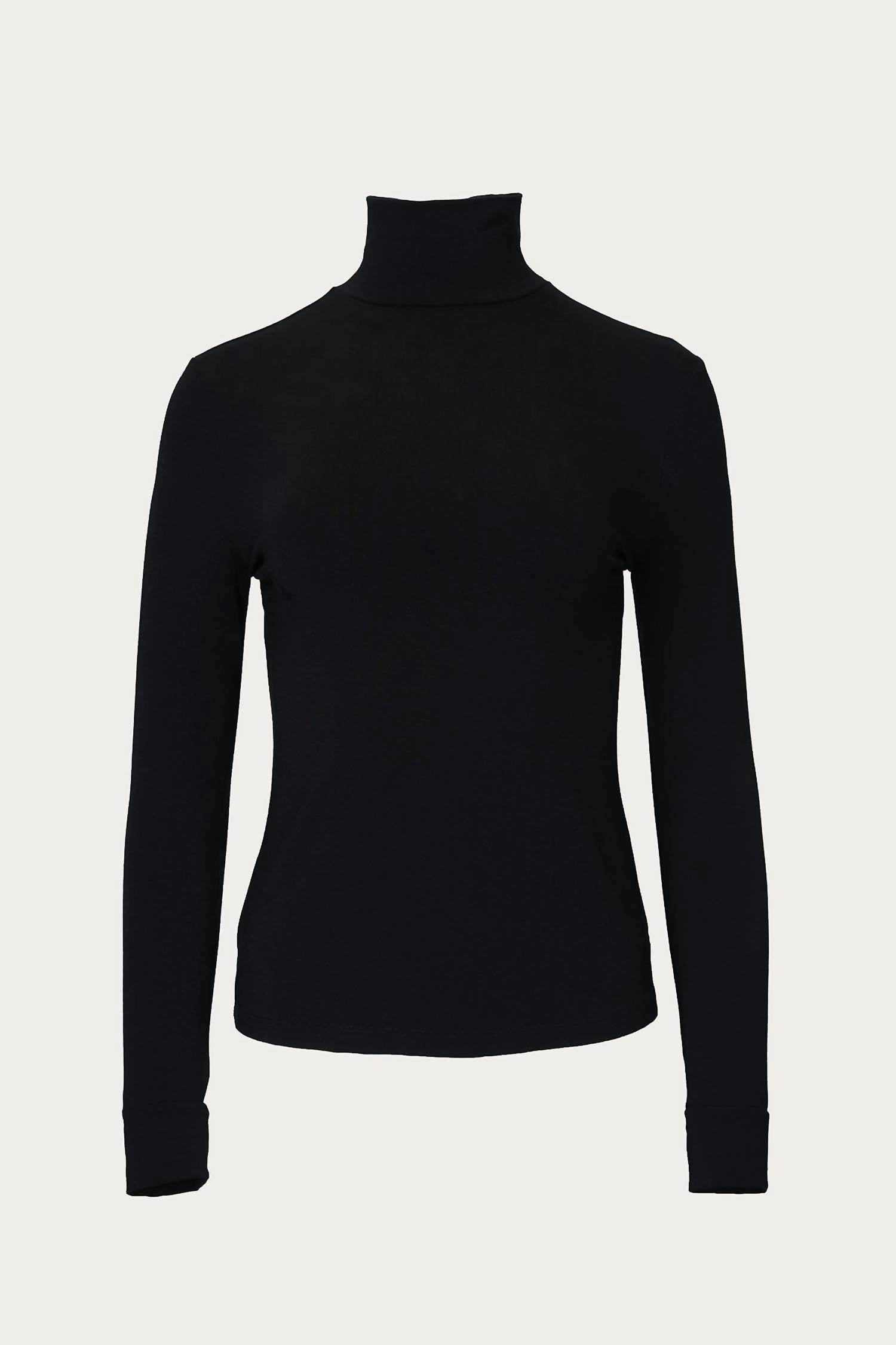 Ultra Soft Merino Blend Textured Knit Stretch-Modal Jersey Turtleneck In Black