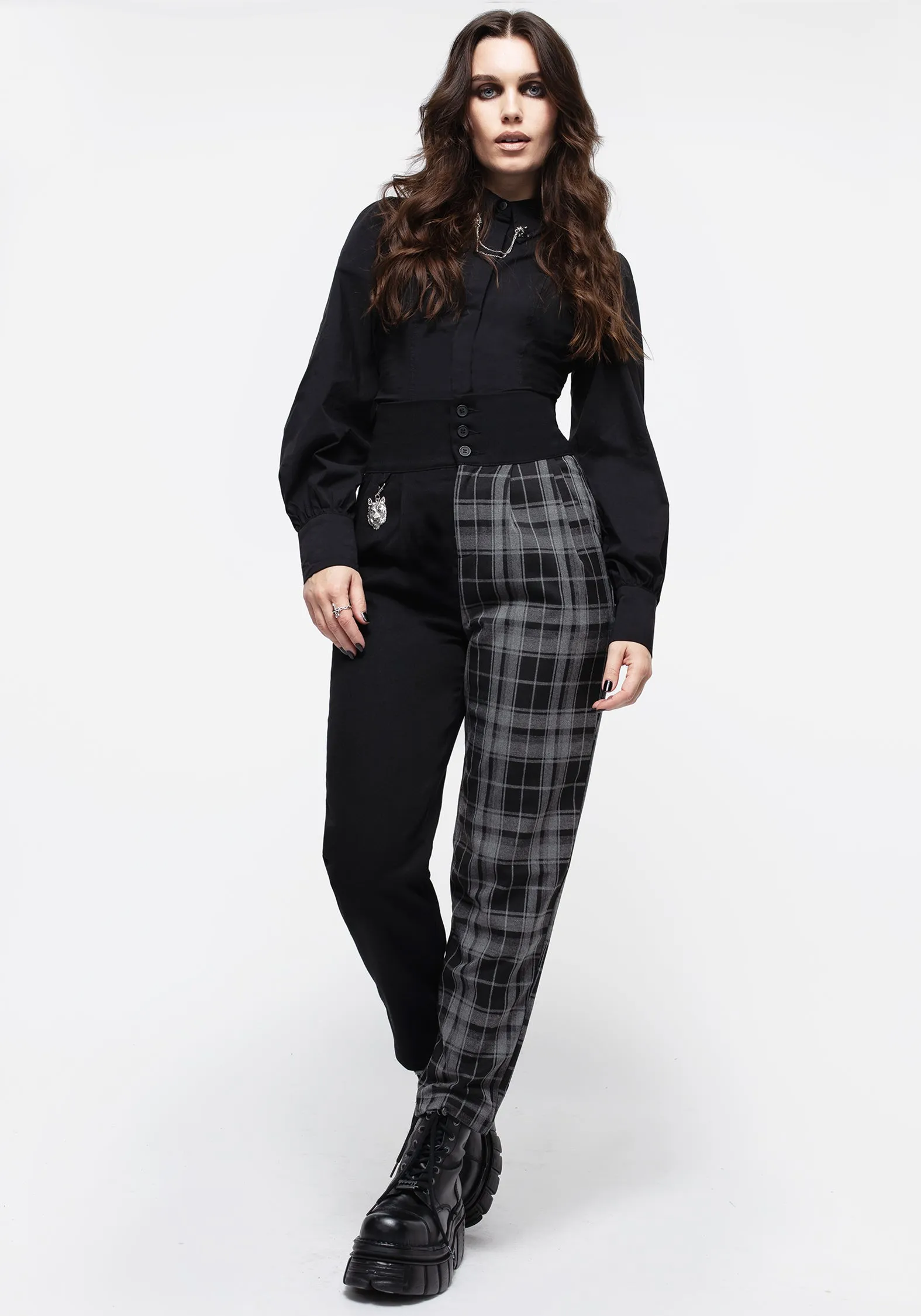 SmoothZipper StretchWaistband Fenrir High Waisted Check Tapered Trousers