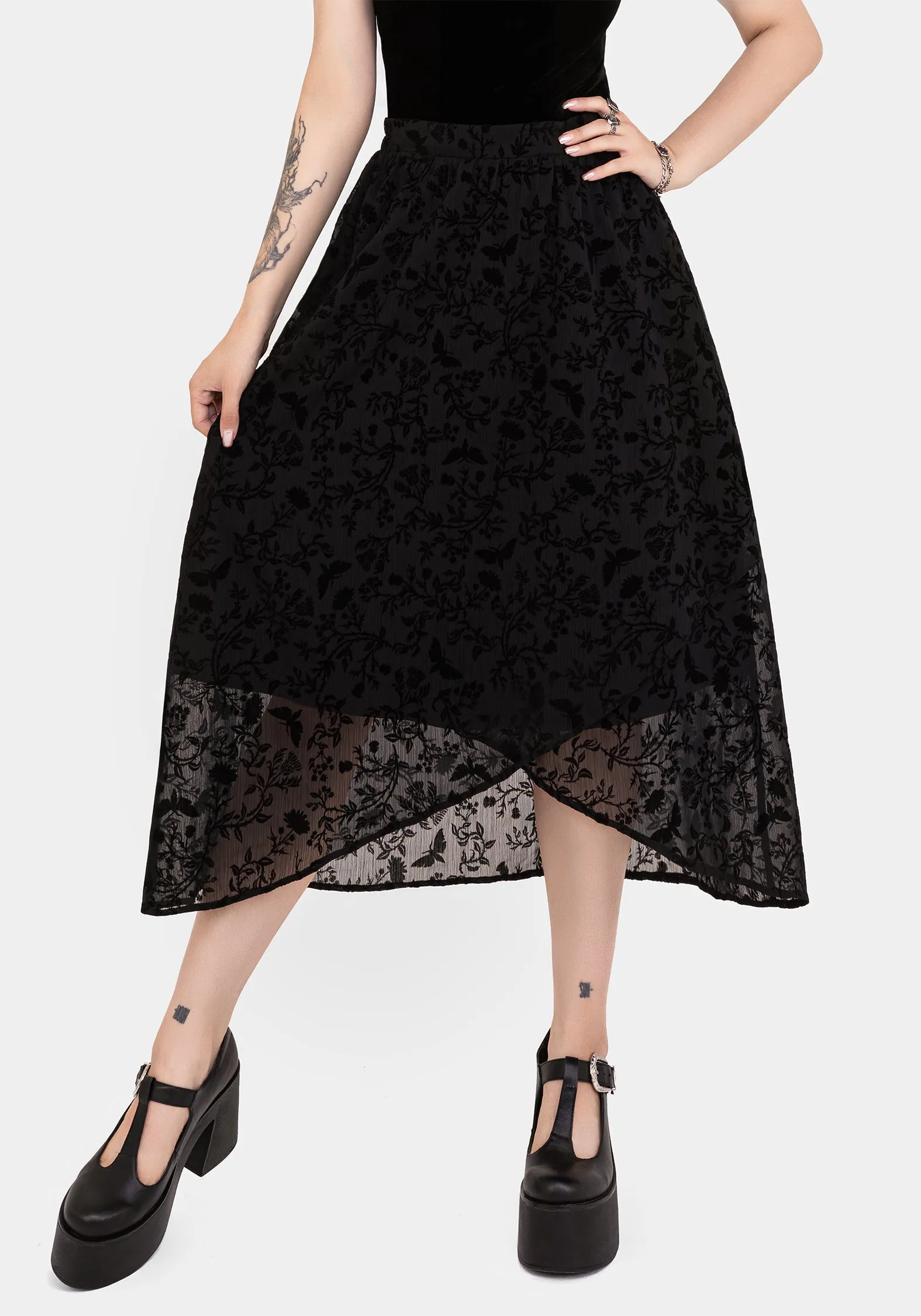 Faustina Flocked Chiffon Mock Wrap Midaxi Skirt Push Button Closure
