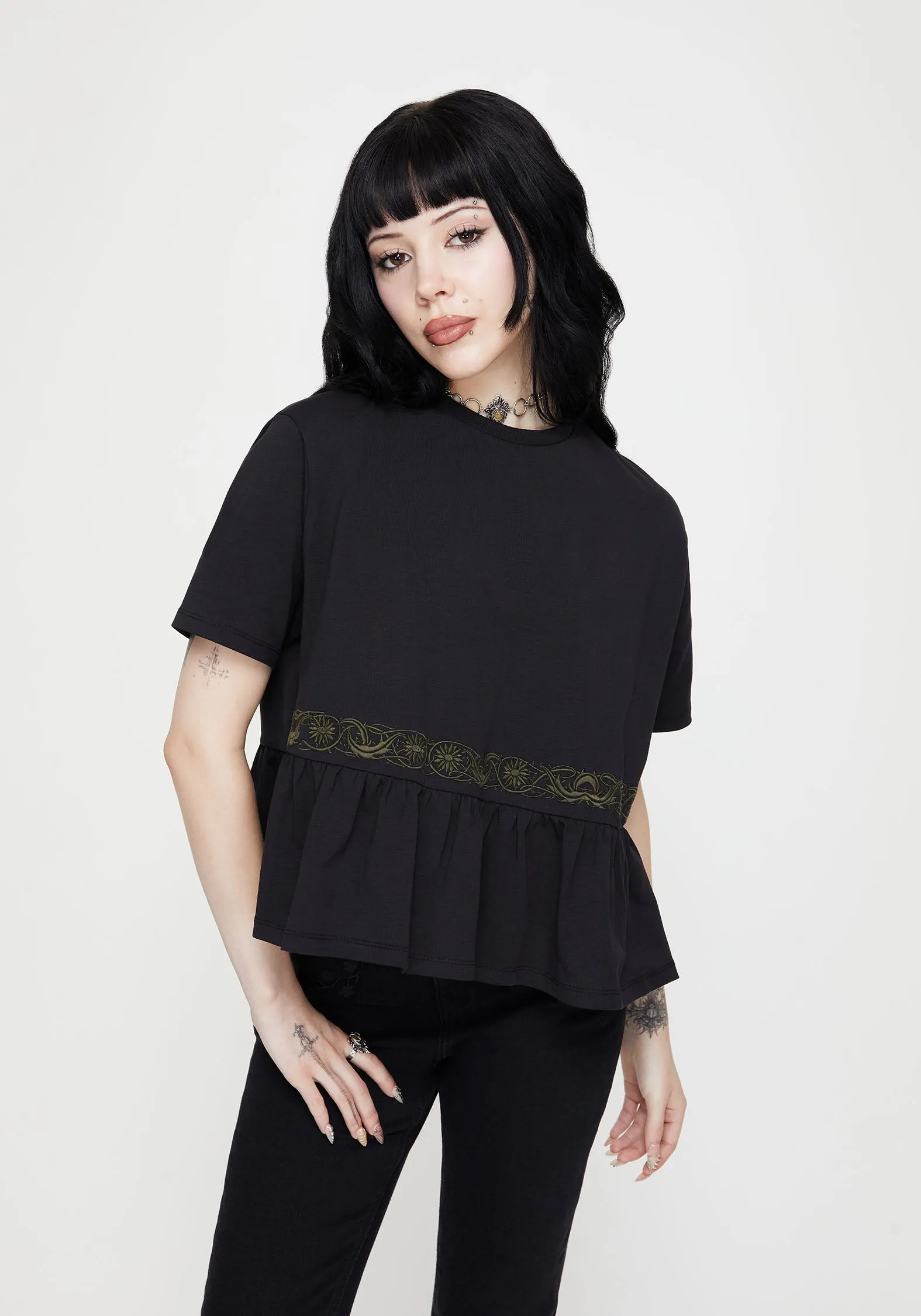 Fianna Embroidered Ruffle Hem Crop T-shirt Metallic Fiber Blend EthicallySourcedMaterial