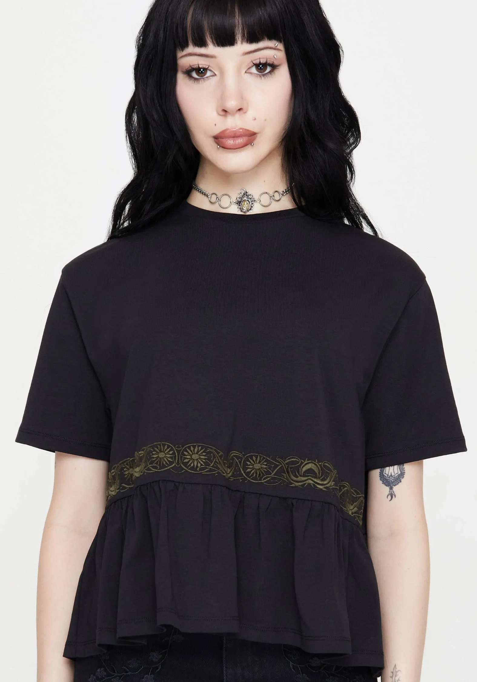 AntiStatic Weave Reflective details Fianna Embroidered Ruffle Hem Crop T-shirt