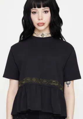 AntiStatic Weave Reflective details Fianna Embroidered Ruffle Hem Crop T-shirt