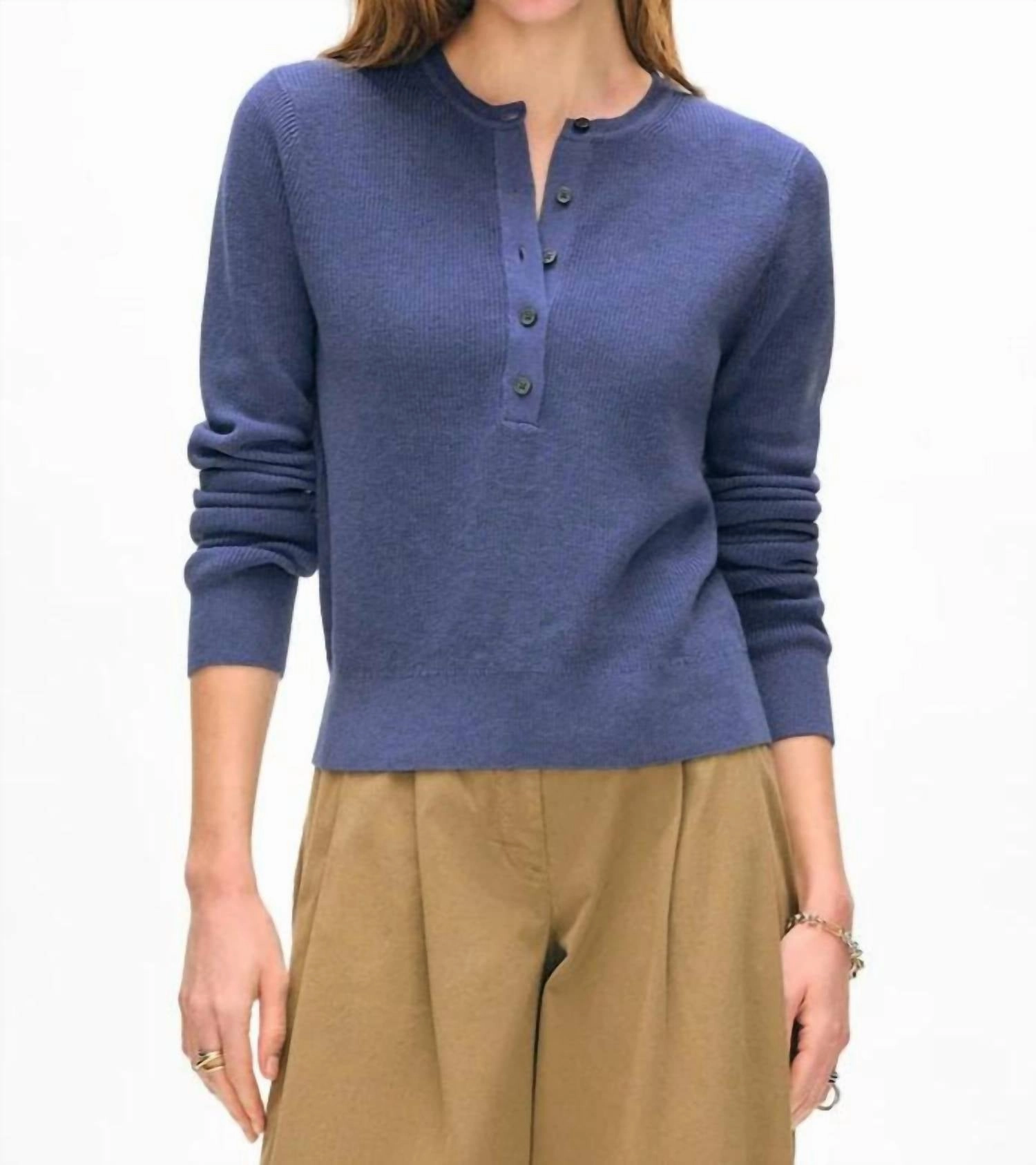 Fine Cotton Blend Ribbed Henley Sweater In Vintage Indigo Cozy Designs Stretch Knit