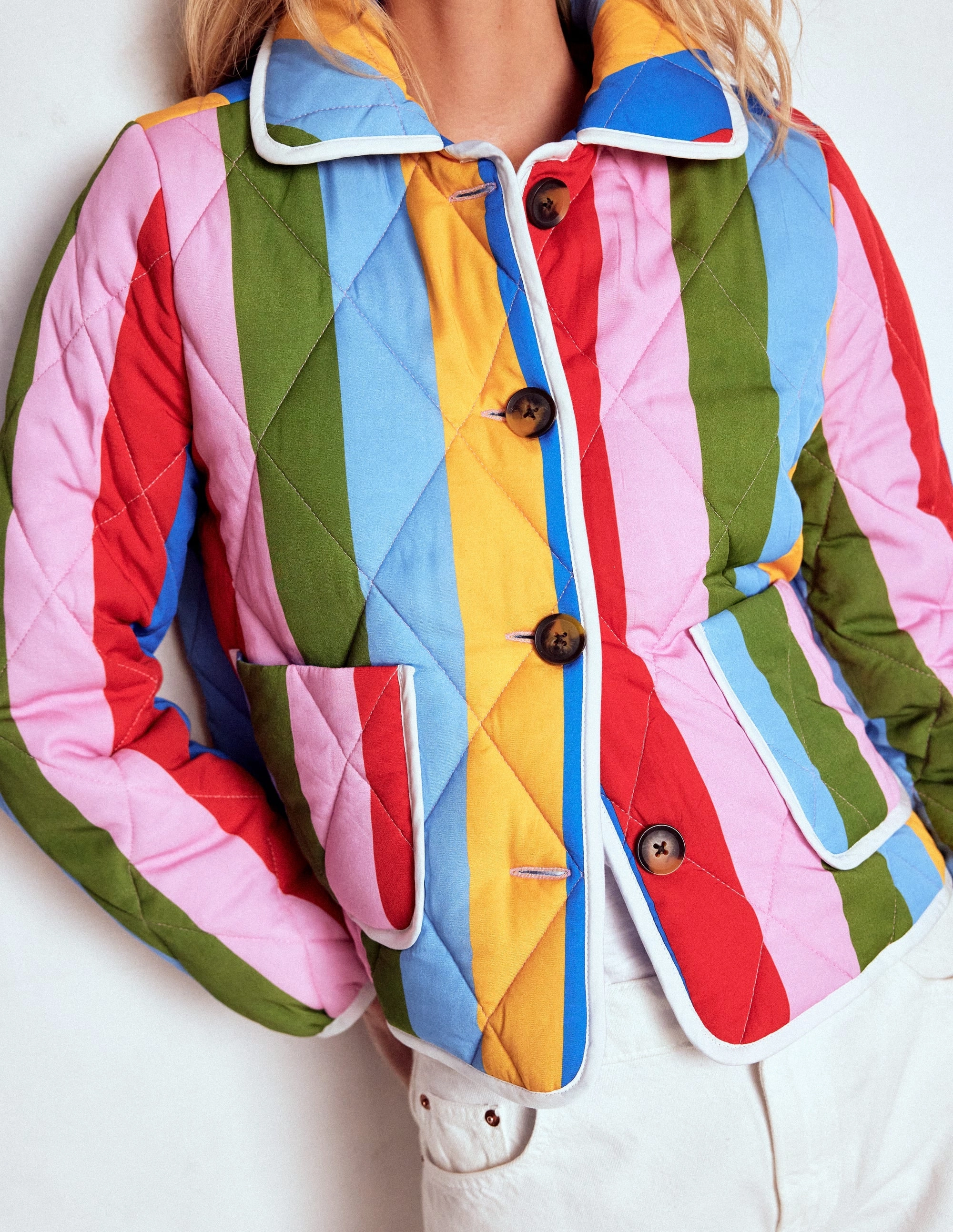 Fitzrovia Quilted Jacket-Rainbow Stripe High Collar Windguard Abrasion Resistant Panels