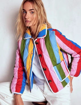 Stretchable Waistband SeamlessShoulderPanels Fitzrovia Quilted Jacket-Rainbow Stripe