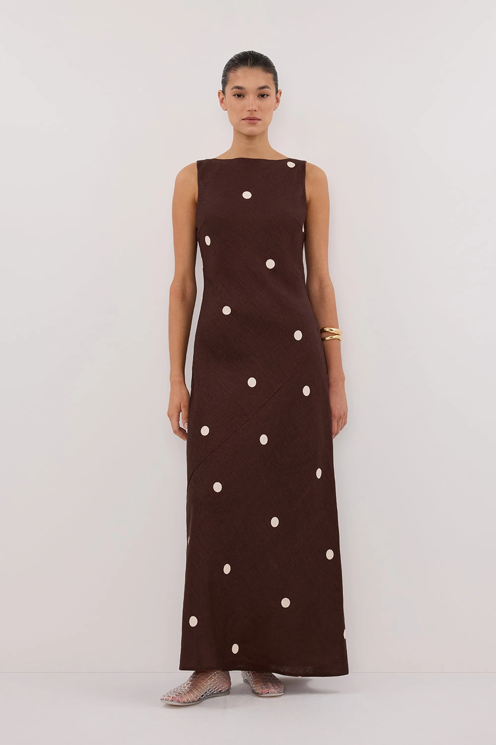 Casual and Stylish BEVERLY BITTER CHOC SPOT LINEN MIDI DRESS