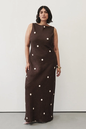 BEVERLY BITTER CHOC SPOT LINEN MIDI DRESS Elastic Fit