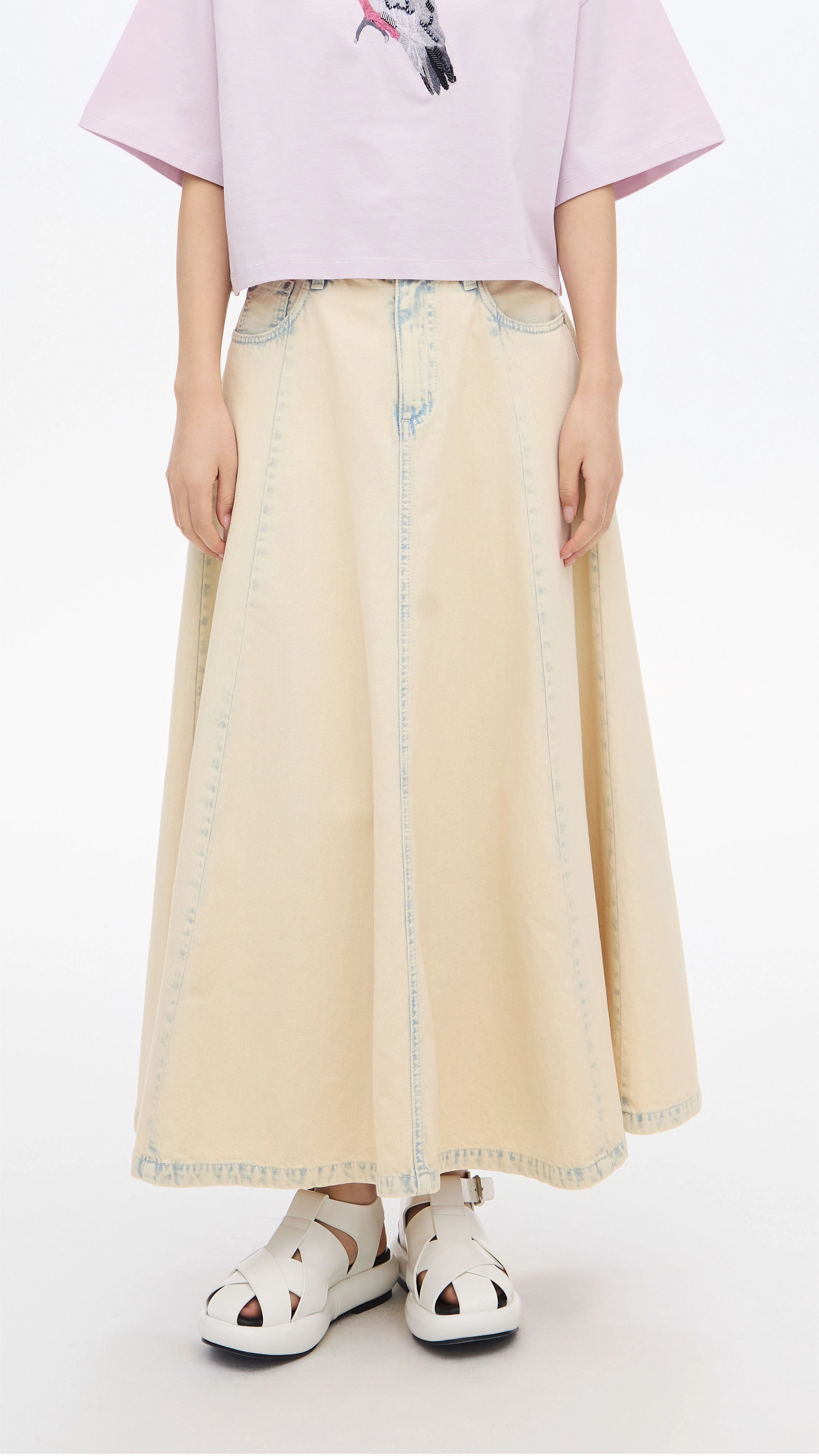 Bleach-washed Denim Skirt A Line Silhouette