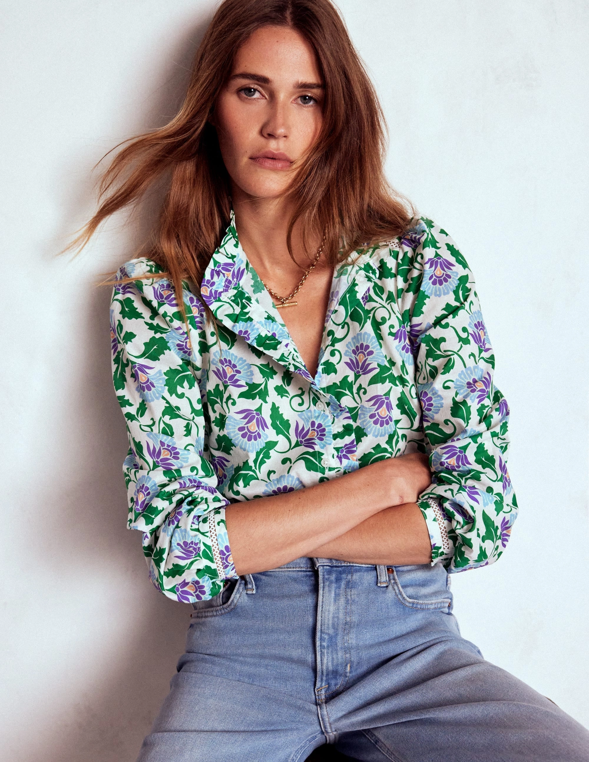 Flatlock Seam Detailing Helena Cotton Top-Rich Emerald, Ornate Vine Tailored Silhouette ConvertibleCollarSystem