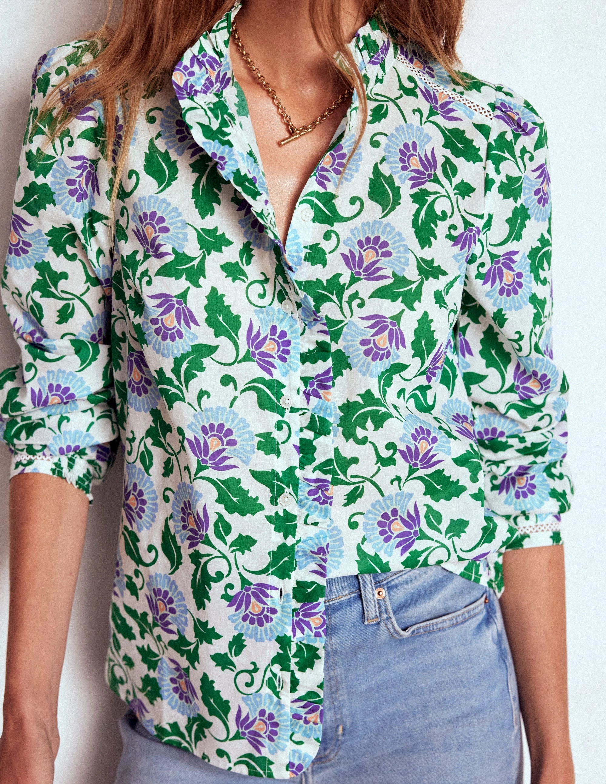Drop Shoulder Design DoubleStitched Construction Flatlock Seam Detailing Helena Cotton Top-Rich Emerald, Ornate Vine
