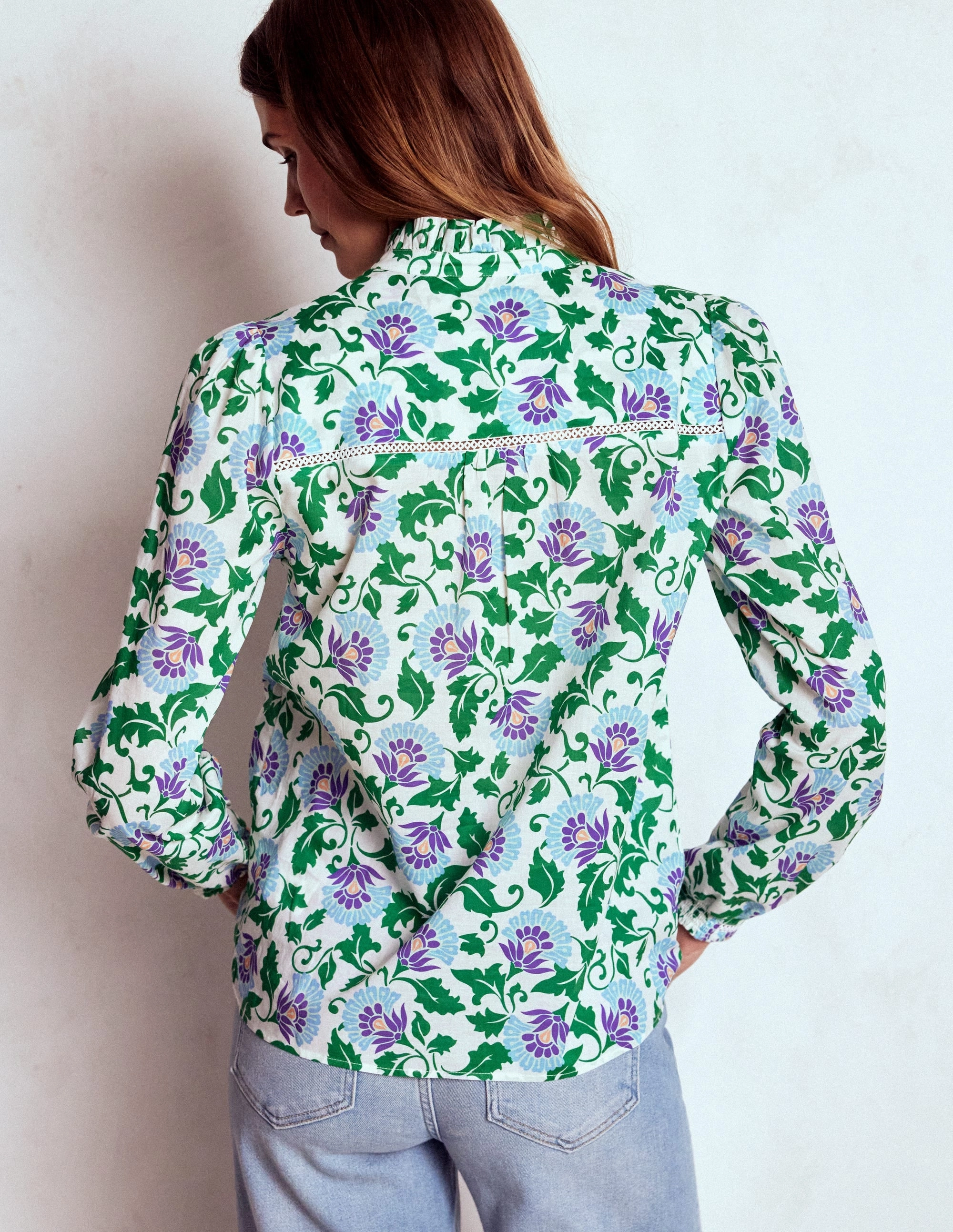 Flatlock Seam Detailing Helena Cotton Top-Rich Emerald, Ornate Vine Easycare
