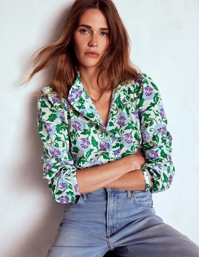 Flatlock Seam Detailing Helena Cotton Top-Rich Emerald, Ornate Vine Tailored Silhouette ConvertibleCollarSystem