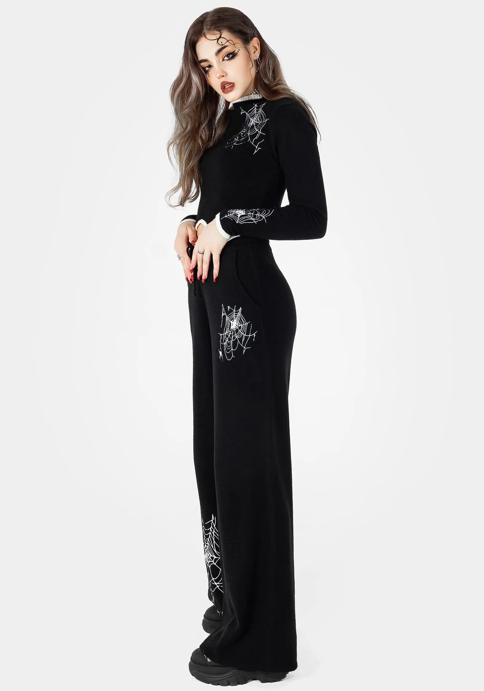 Araneae Embroidered Wide Leg Knit Joggers Flexibility Fit
