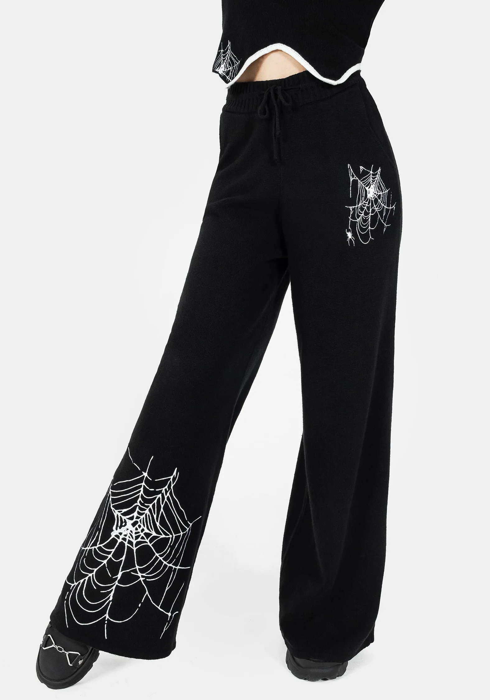 FadeResistant smooth zipper Araneae Embroidered Wide Leg Knit Joggers