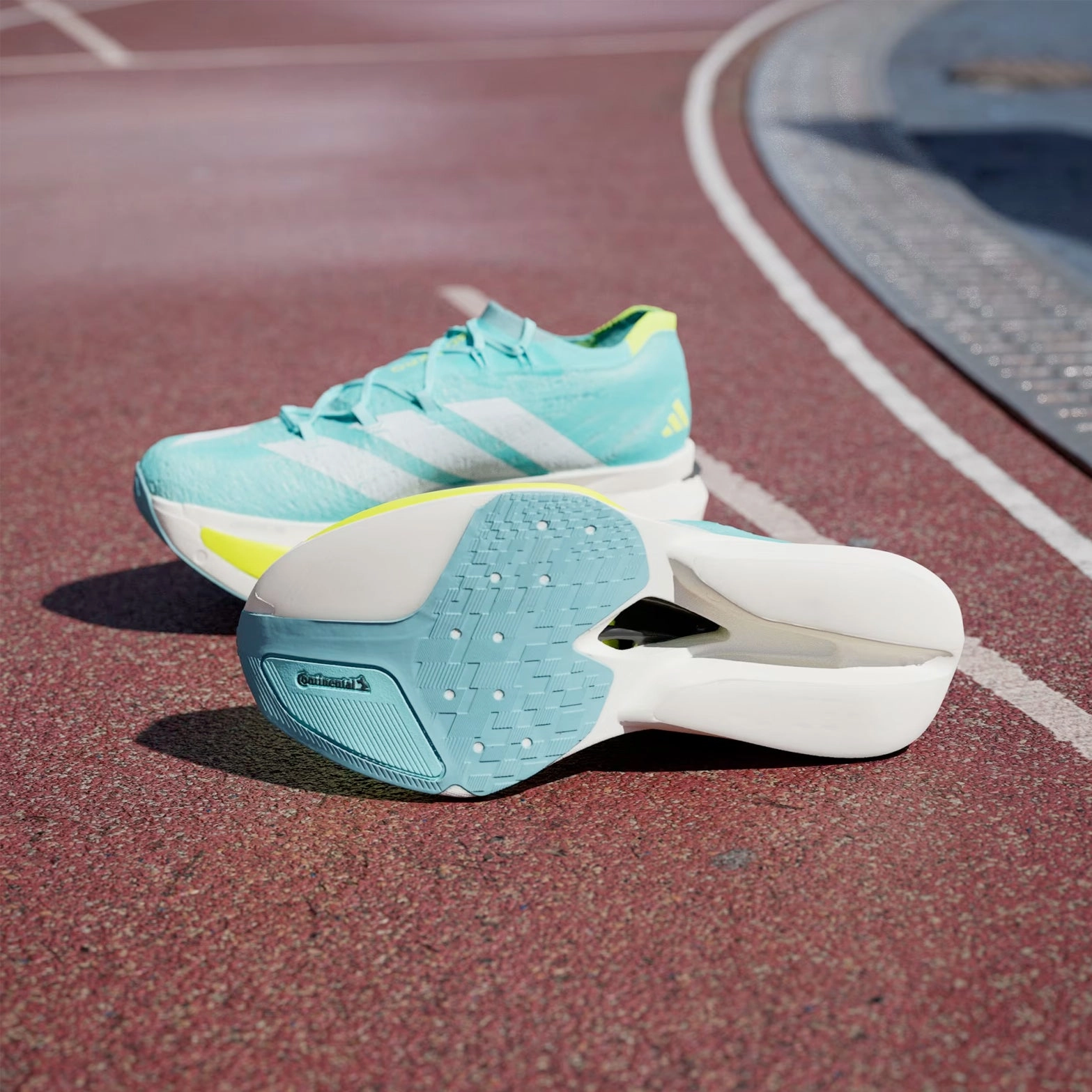 Adizero Prime X 3 Strung Running Shoes Flash Aqua / Zero Metalic / Lucid Lemon Nylon Mesh Slip Resistant Groove Design