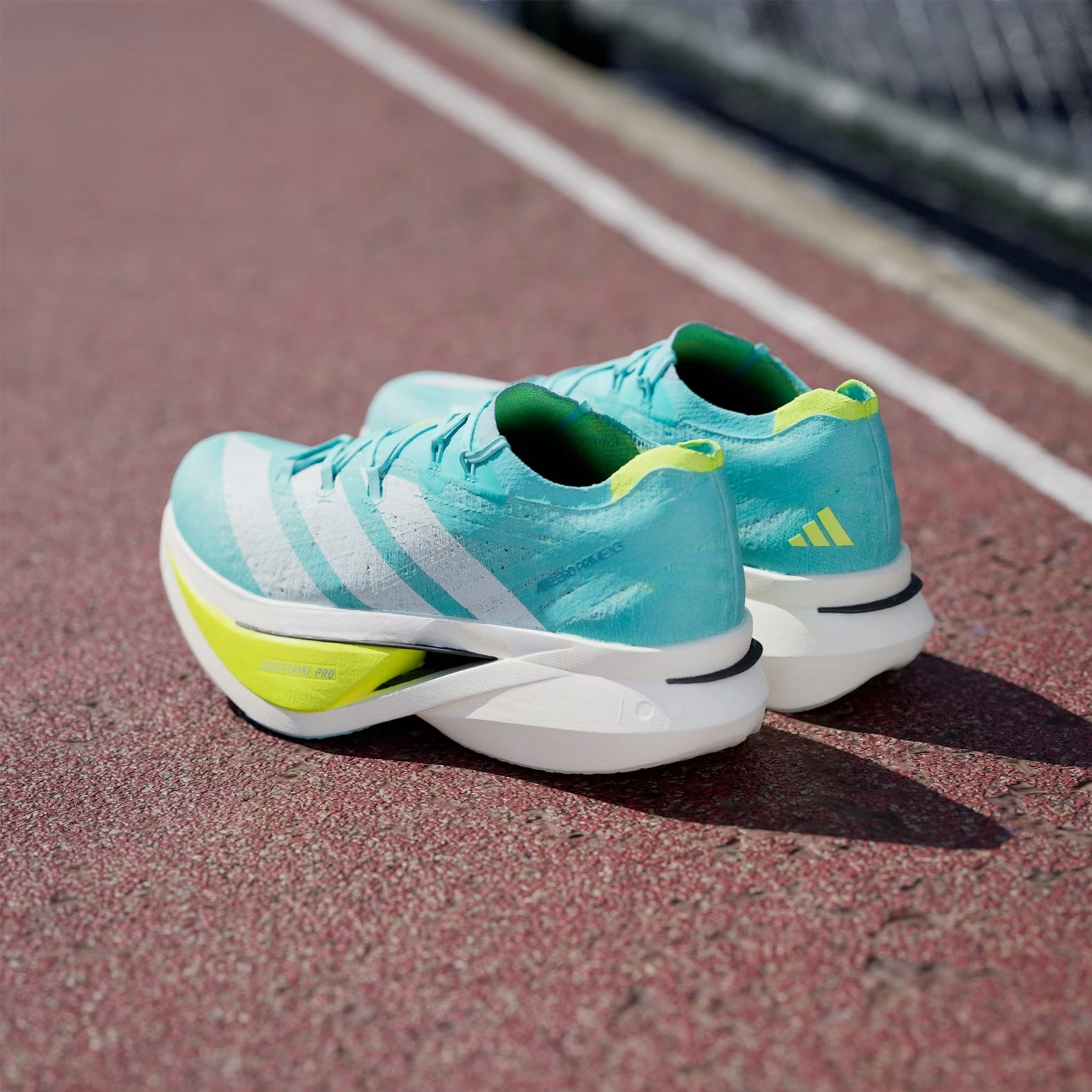Balanced Stack Height Adizero Prime X 3 Strung Running Shoes Flash Aqua / Zero Metalic / Lucid Lemon