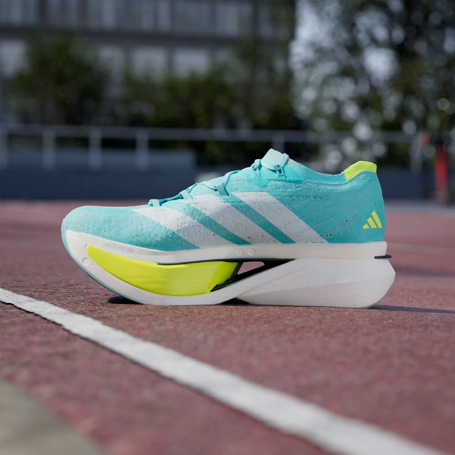 latex - sole shoes Ventilated Panels Adizero Prime X 3 Strung Running Shoes Flash Aqua / Zero Metalic / Lucid Lemon