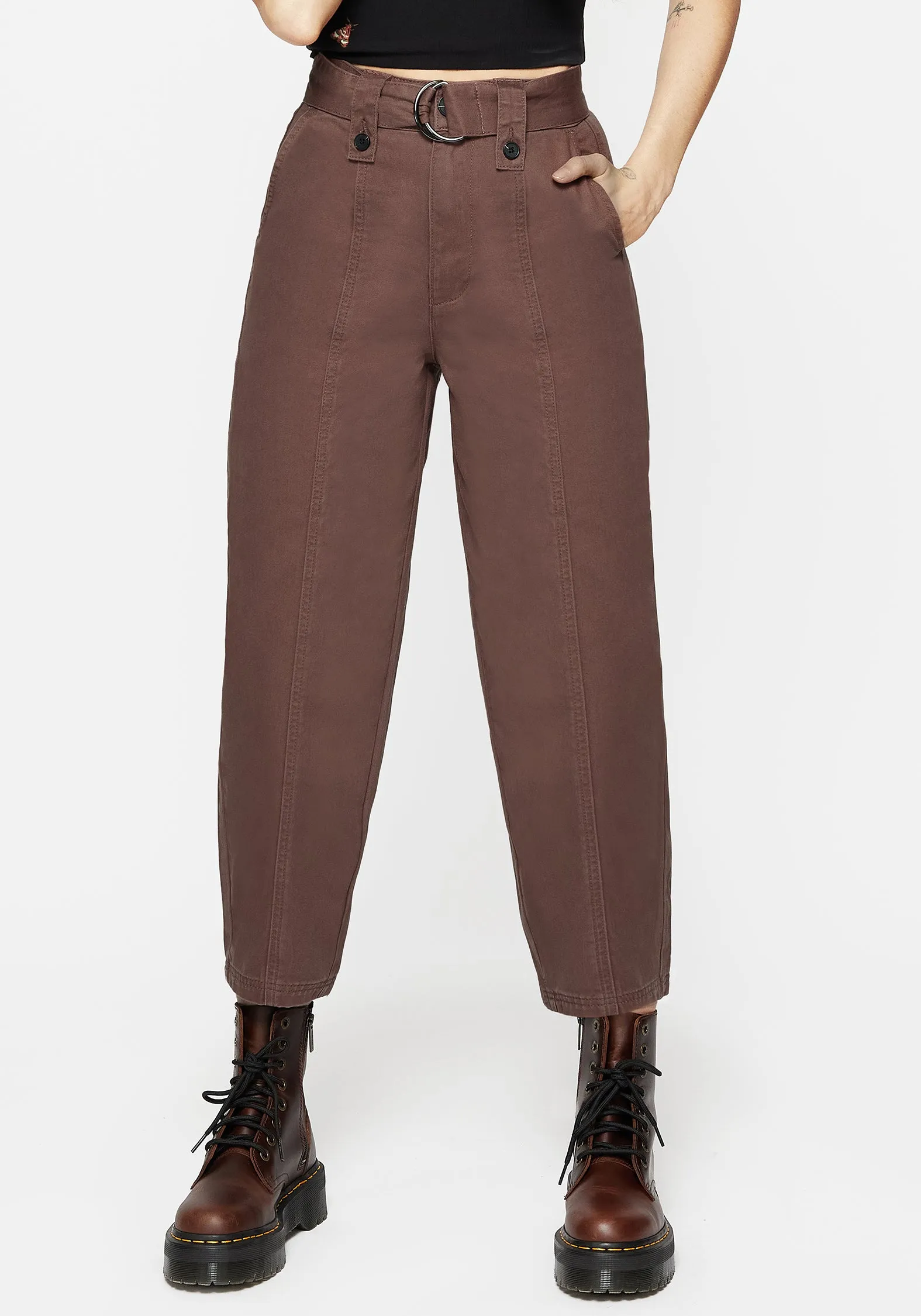 Pinhead Belted Balloon Leg Trousers - Brown Anti Cling Finish Softened Hem