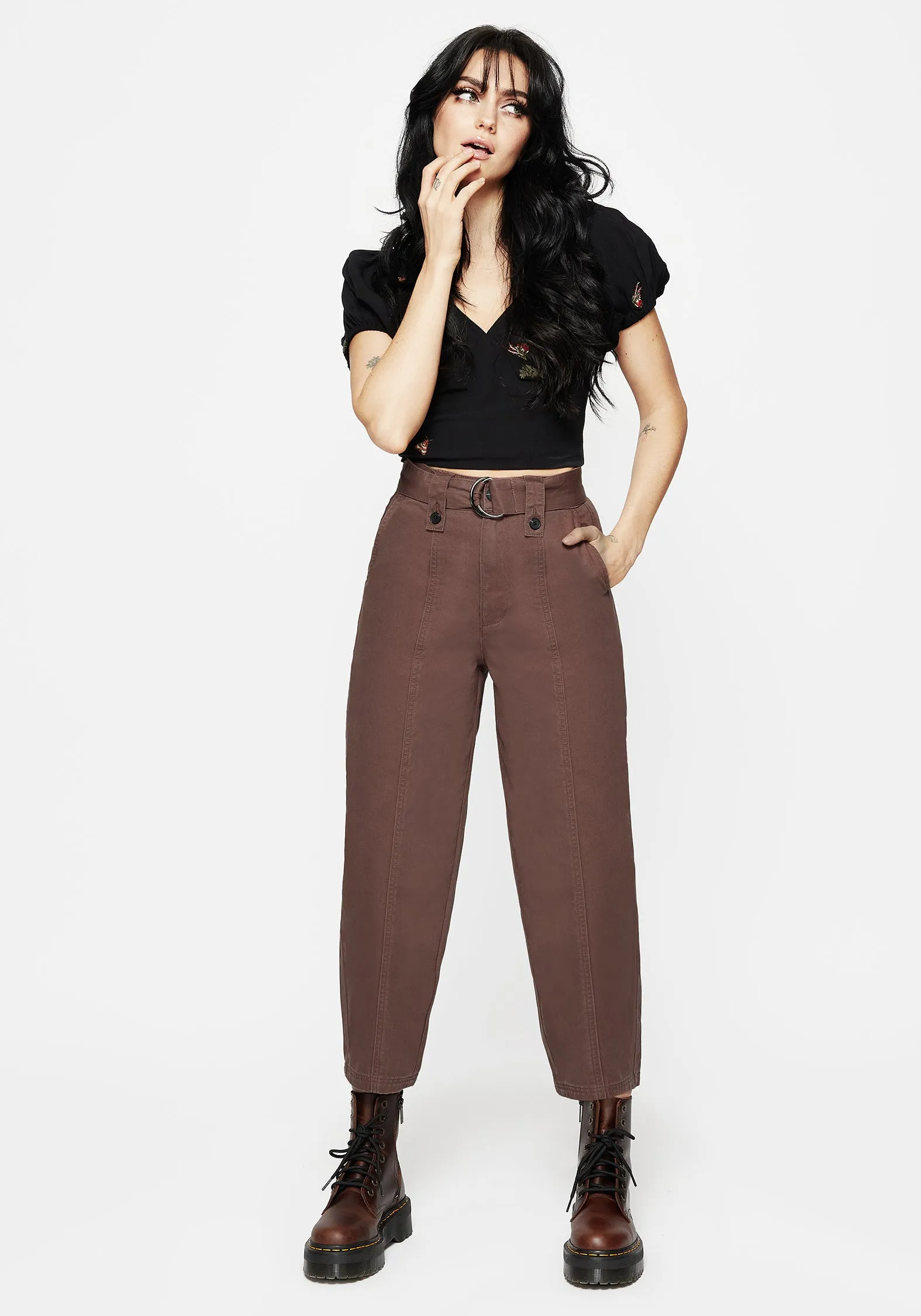 Pinhead Belted Balloon Leg Trousers - Brown Adjustable Waist
