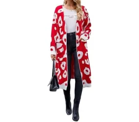 Open Front Leopard Print Cardigan In Red Odor Control Technology