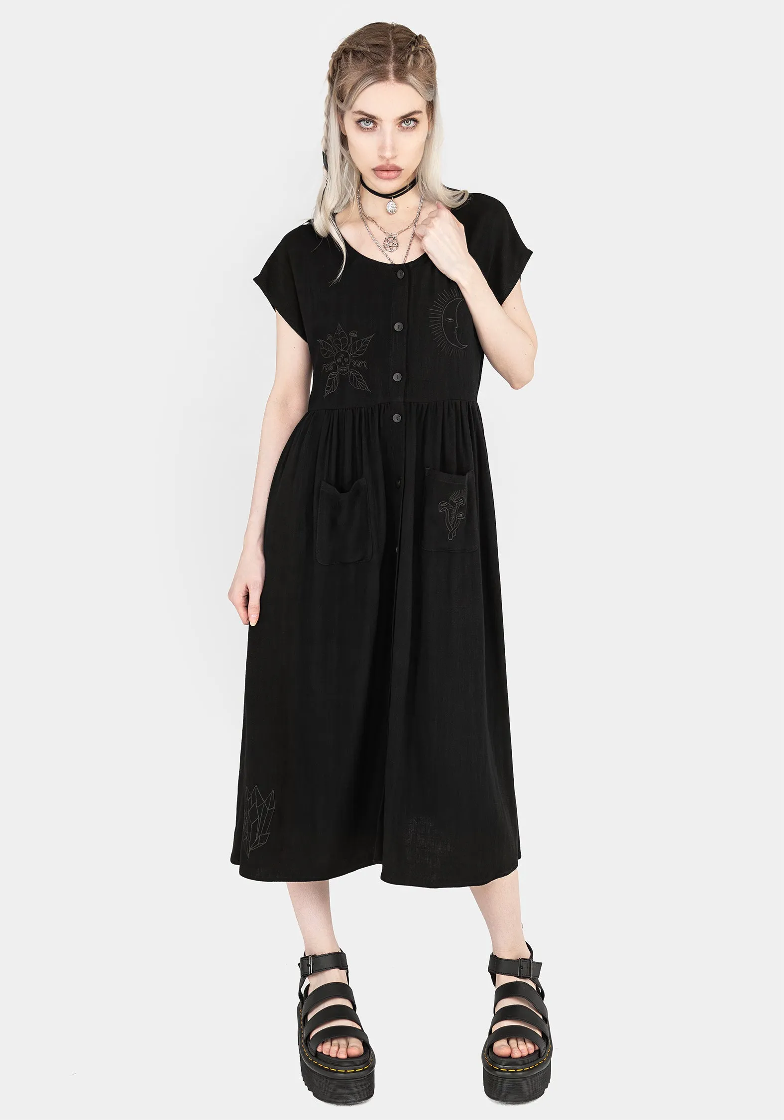 Scutellaria Embroidered Button Up Midi Dress Body Safe