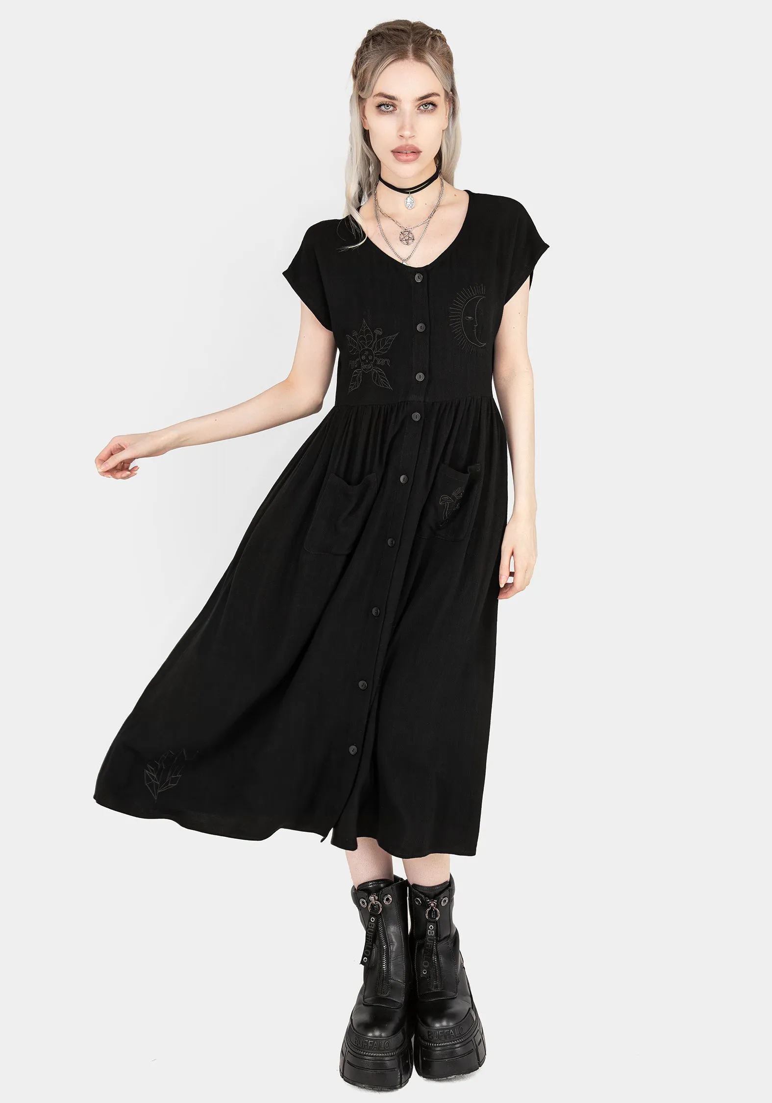 Scutellaria Embroidered Button Up Midi Dress Formed Look Leg-Lengthening